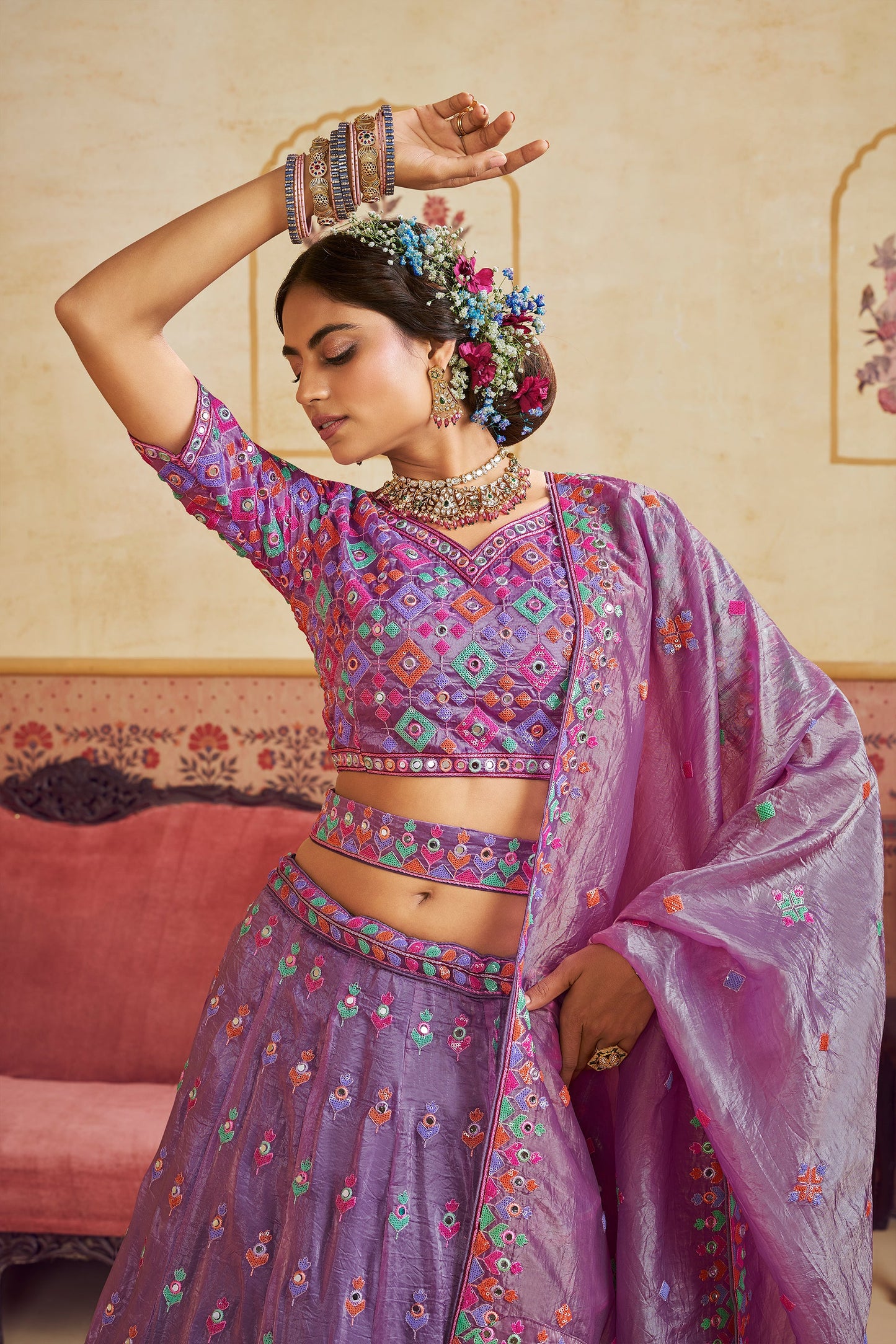 Lavender Readymade Embroidered Organza Lehenga-SAR10040_4_SareeButa.com