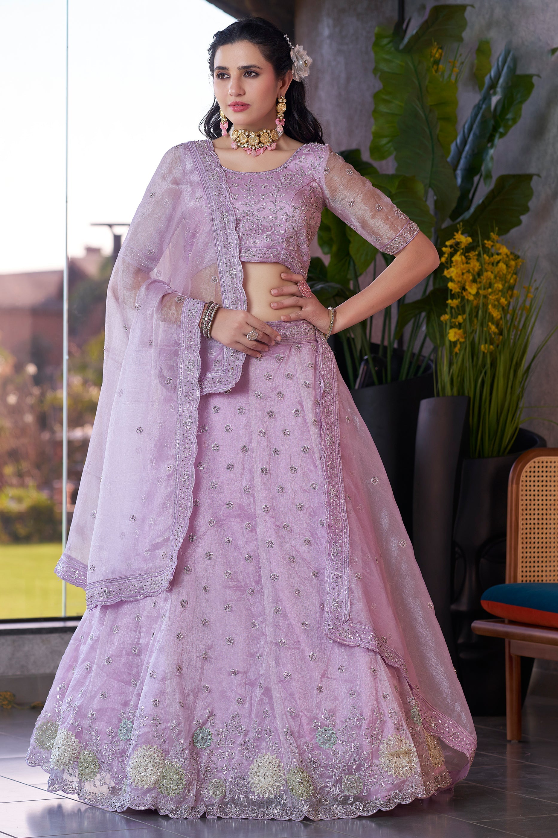 Lavender Semi-Stitched Embroidered Organza Lehenga-SAR10722_1_SareeButa.com