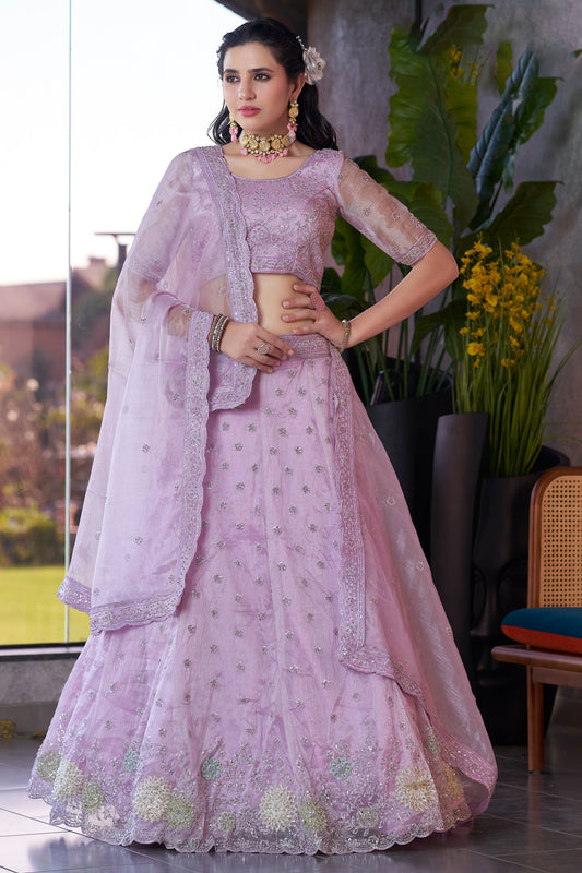 Lavender Semi-Stitched Embroidered Organza Lehenga-SAR10722_1_SareeButa.com