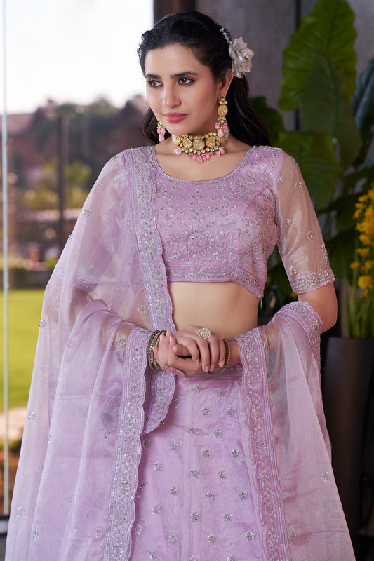 Lavender Semi-Stitched Embroidered Organza Lehenga-SAR10722_2_SareeButa.com