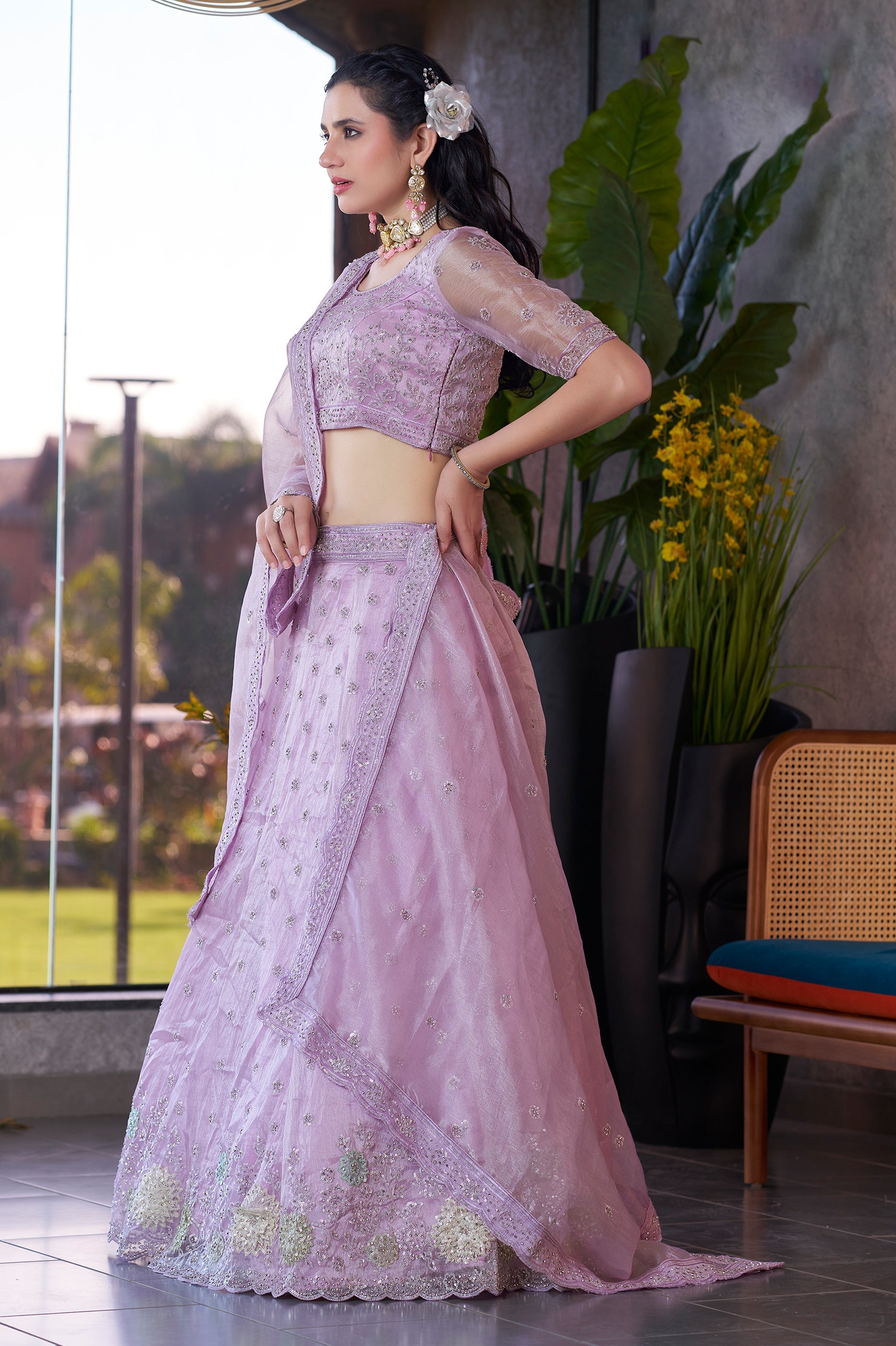 Lavender Semi-Stitched Embroidered Organza Lehenga-SAR10722_3_SareeButa.com