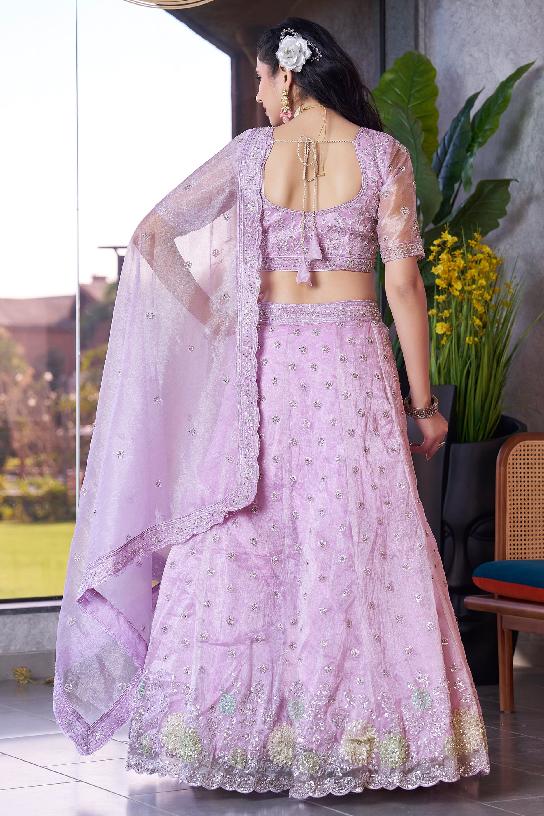 Lavender Semi-Stitched Embroidered Organza Lehenga-SAR10722_4_SareeButa.com