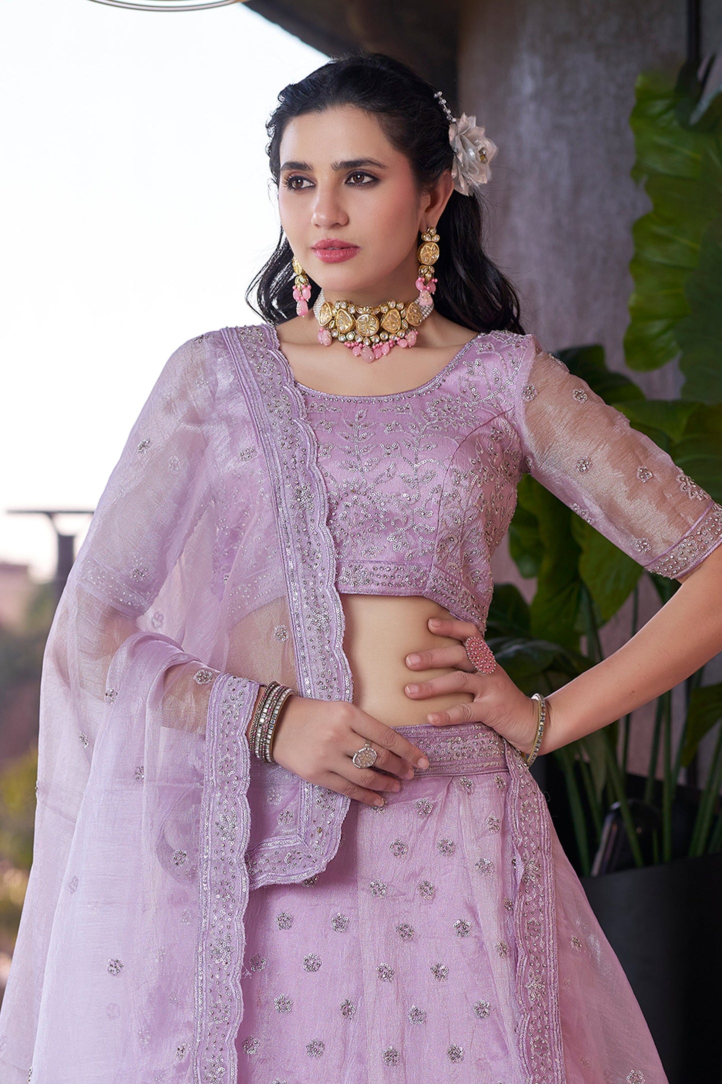Lavender Semi-Stitched Embroidered Organza Lehenga-SAR10722_5_SareeButa.com