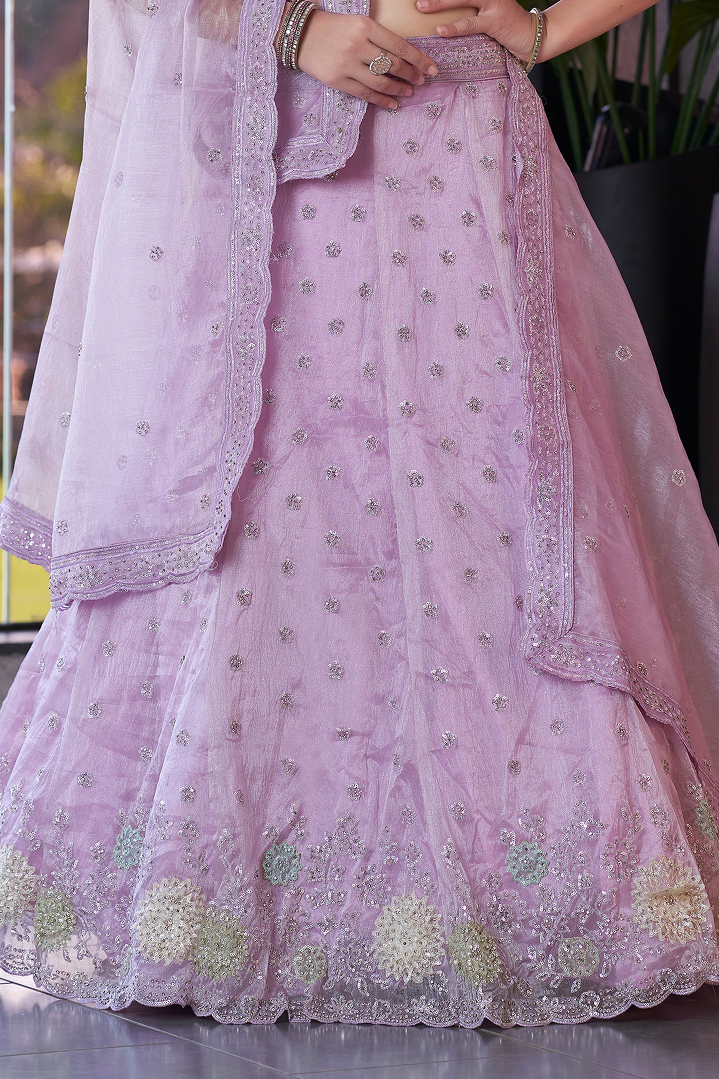 Lavender Semi-Stitched Embroidered Organza Lehenga