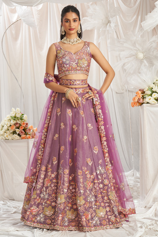 Lavender Semi-Stitched Embroidered Organza Lehenga-SAR12835_1_SareeButa.com