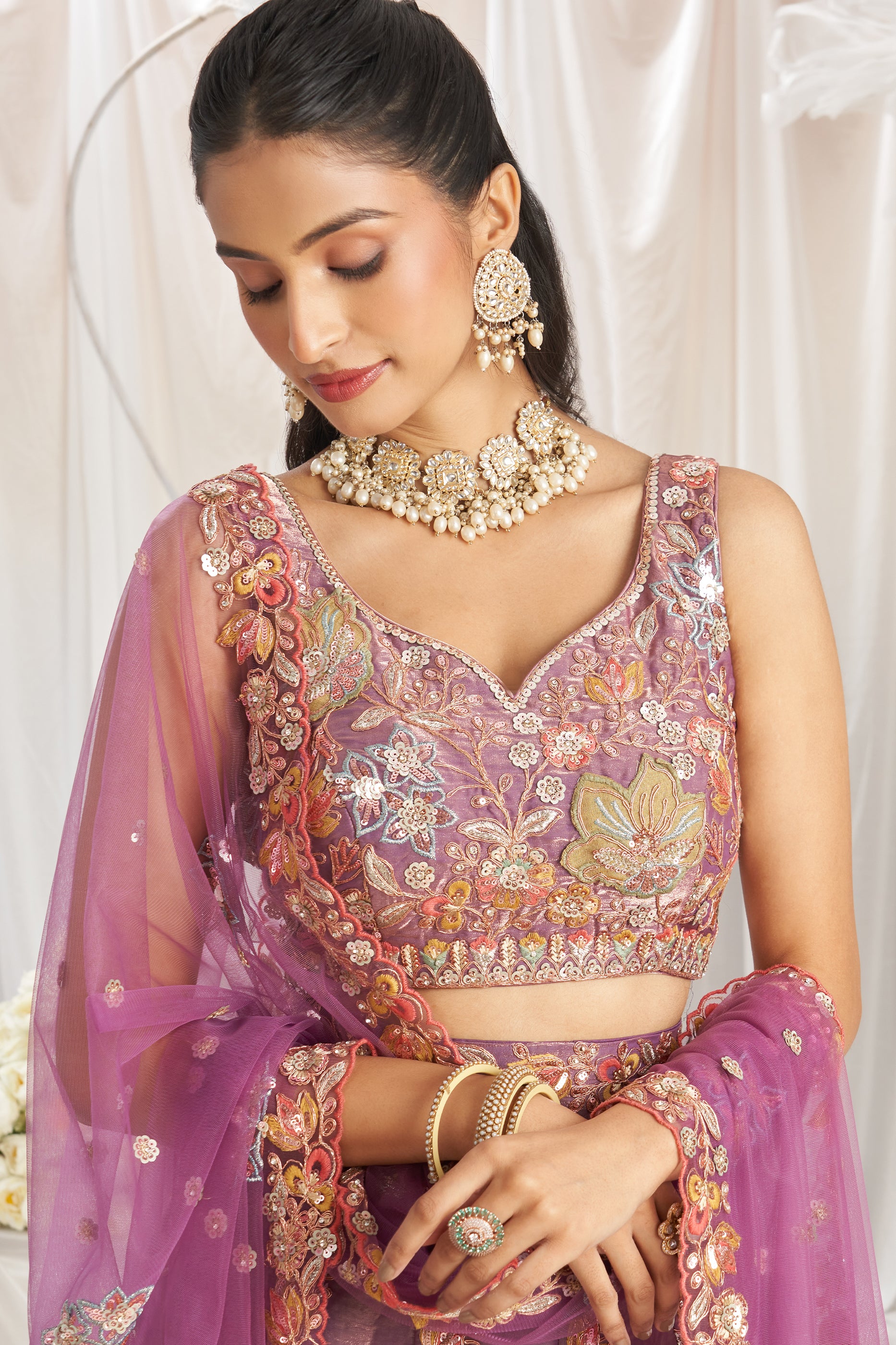 Lavender Semi-Stitched Embroidered Organza Lehenga-SAR12835_2_SareeButa.com