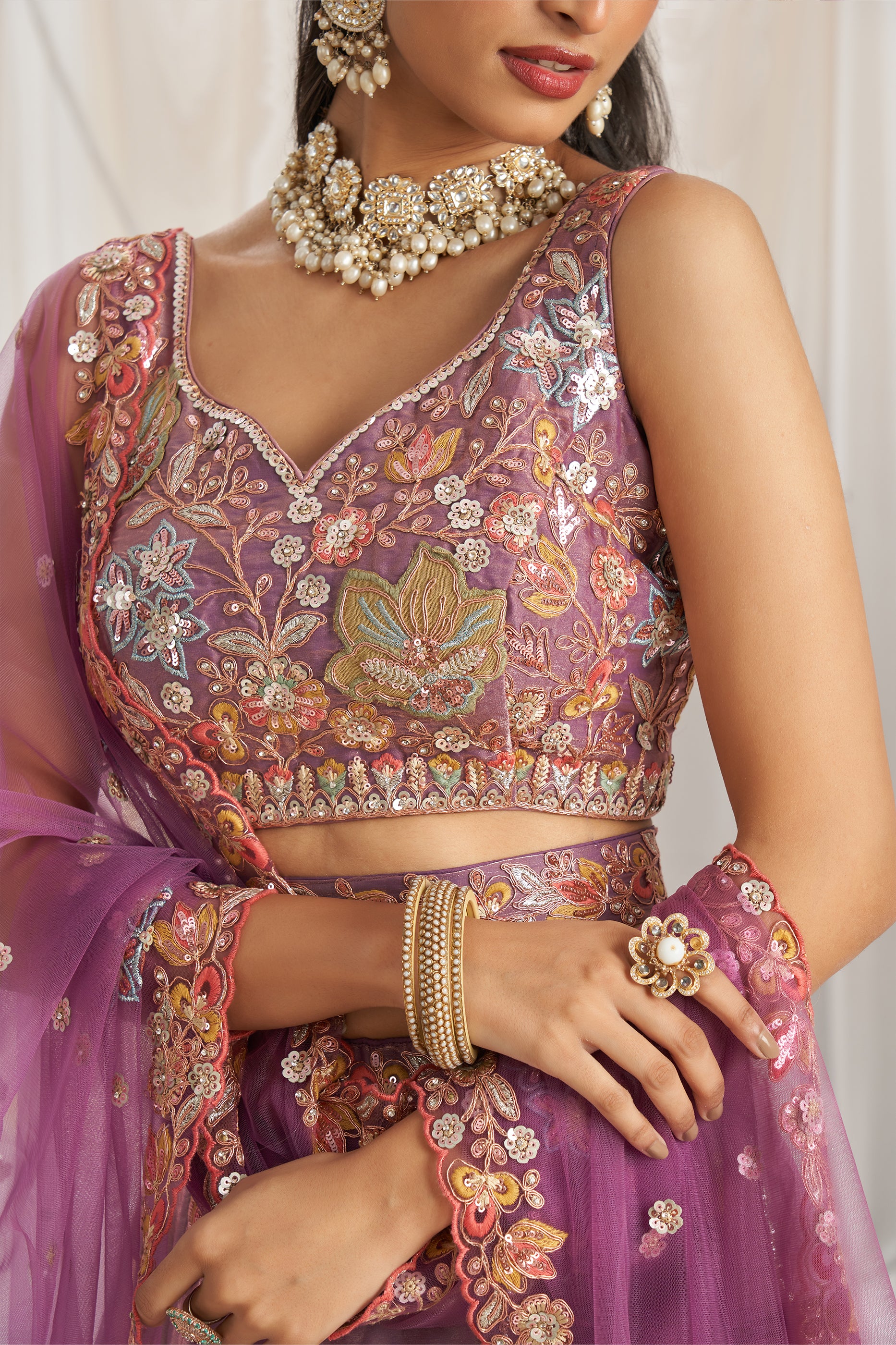 Lavender Semi-Stitched Embroidered Organza Lehenga-SAR12835_3_SareeButa.com