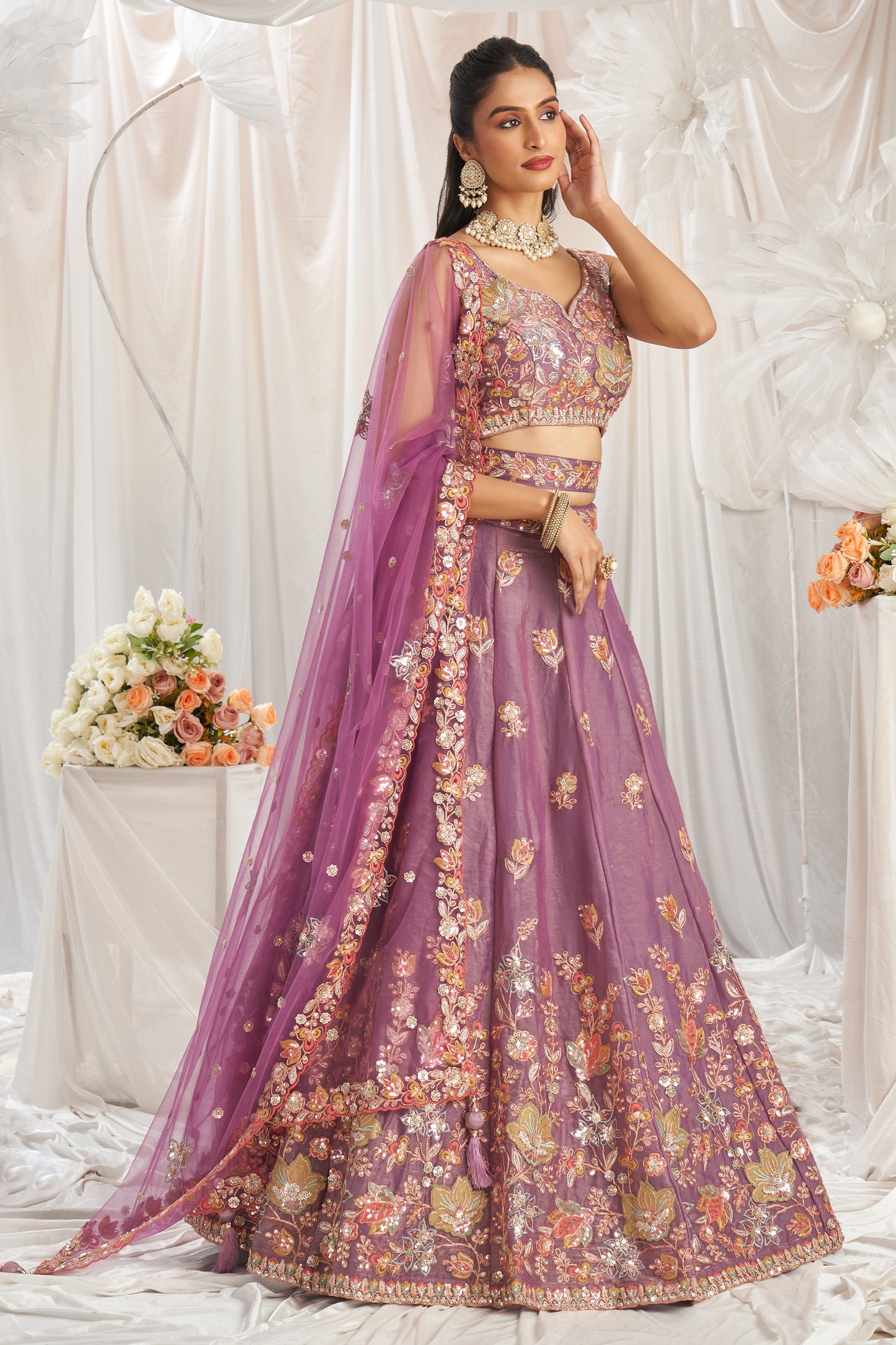 Lavender Semi-Stitched Embroidered Organza Lehenga-SAR12835_5_SareeButa.com