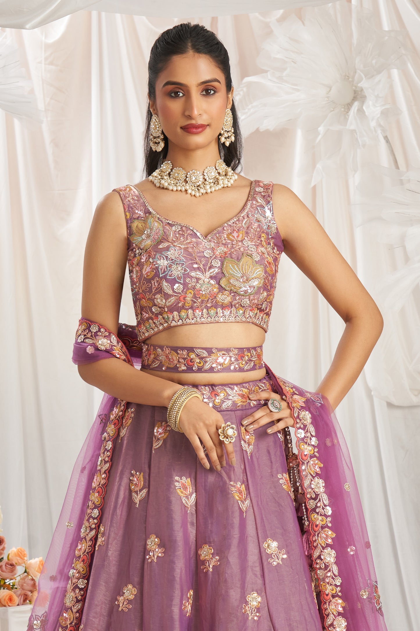 Lavender Semi-Stitched Embroidered Organza Lehenga-SAR12835_6_SareeButa.com