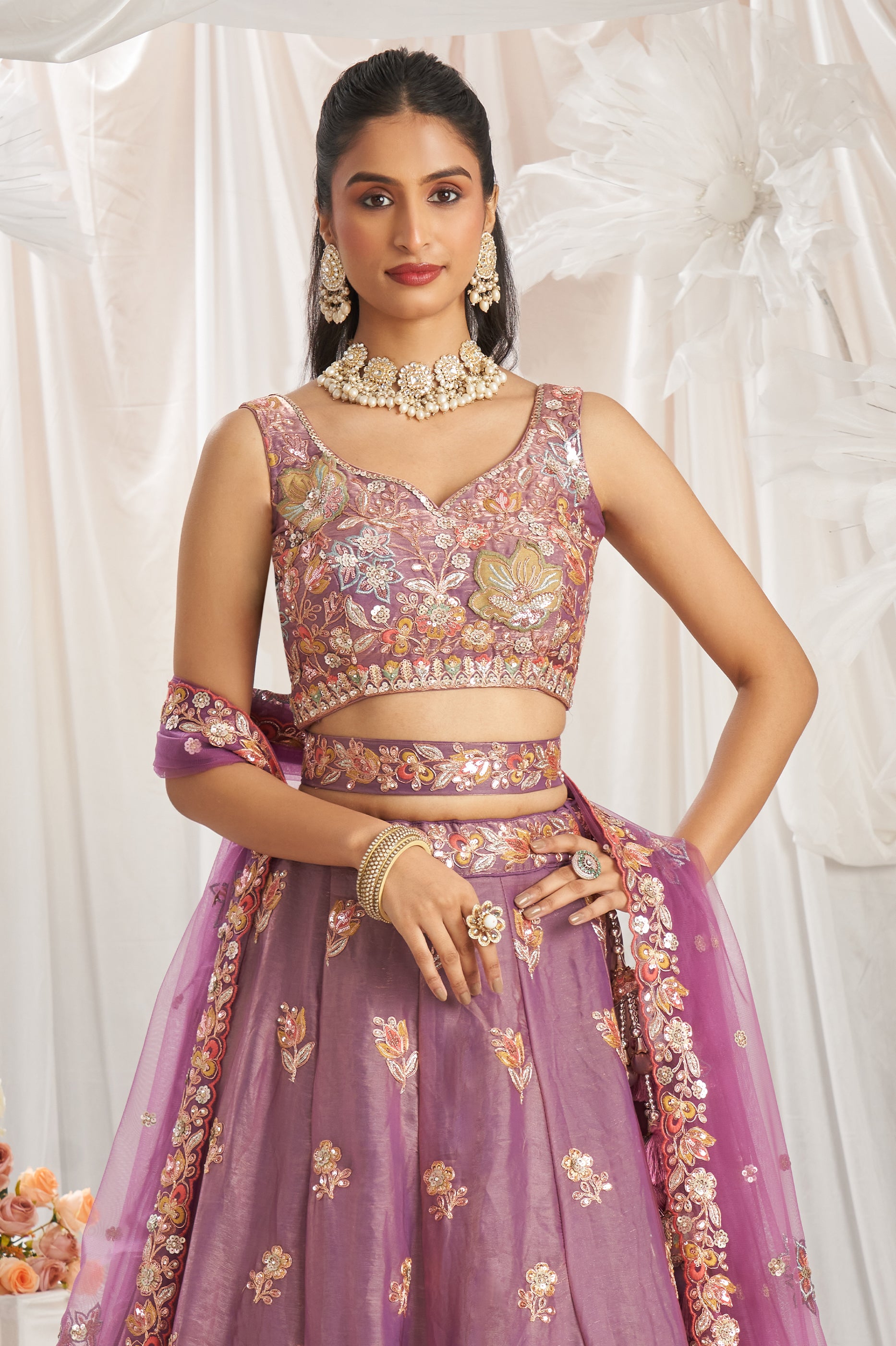 Lavender Semi-Stitched Embroidered Organza Lehenga-SAR12835_6_SareeButa.com