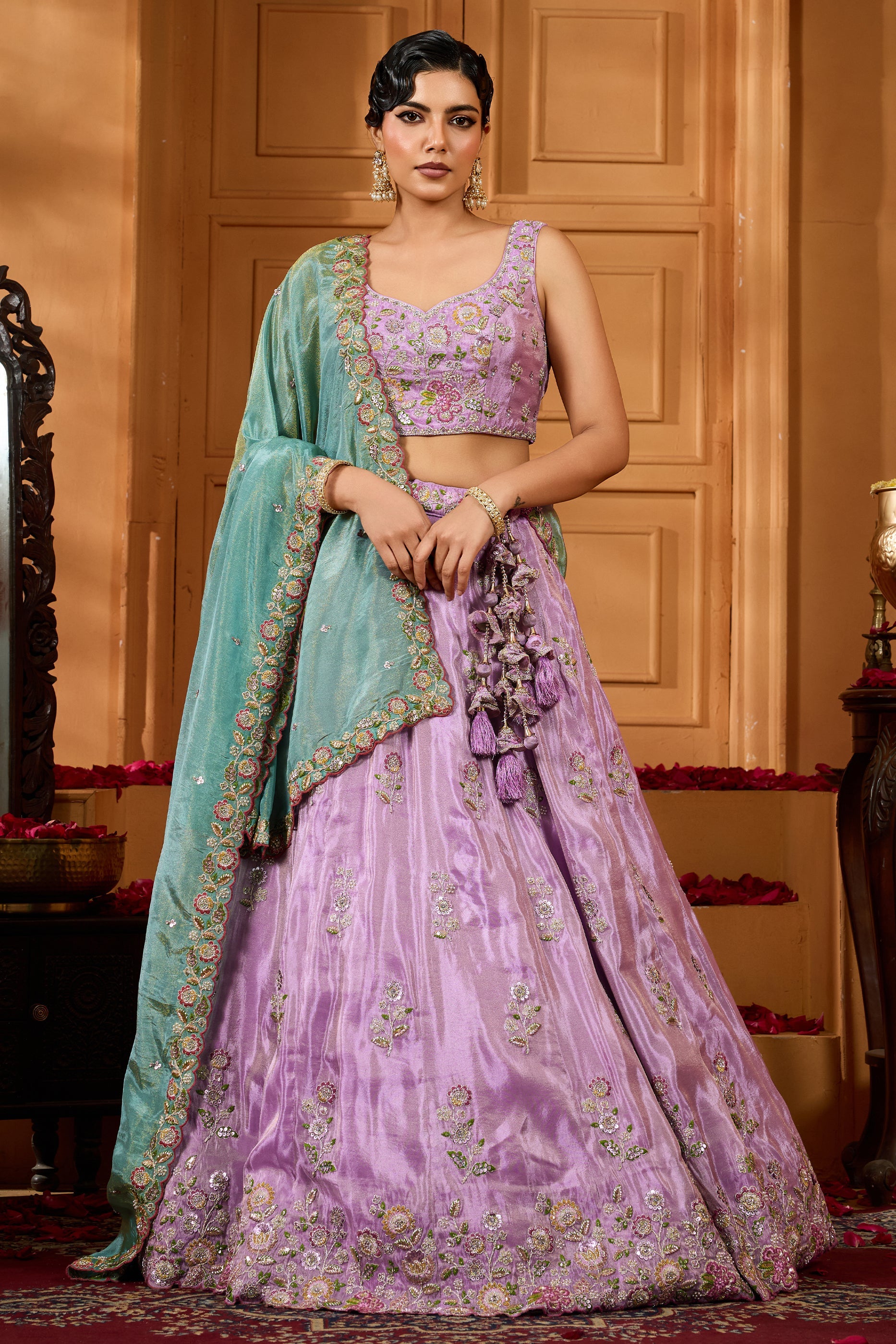 Lavender Semi-Stitched Embroidered Satin Silk Lehenga-SAR10698_1_SareeButa.com