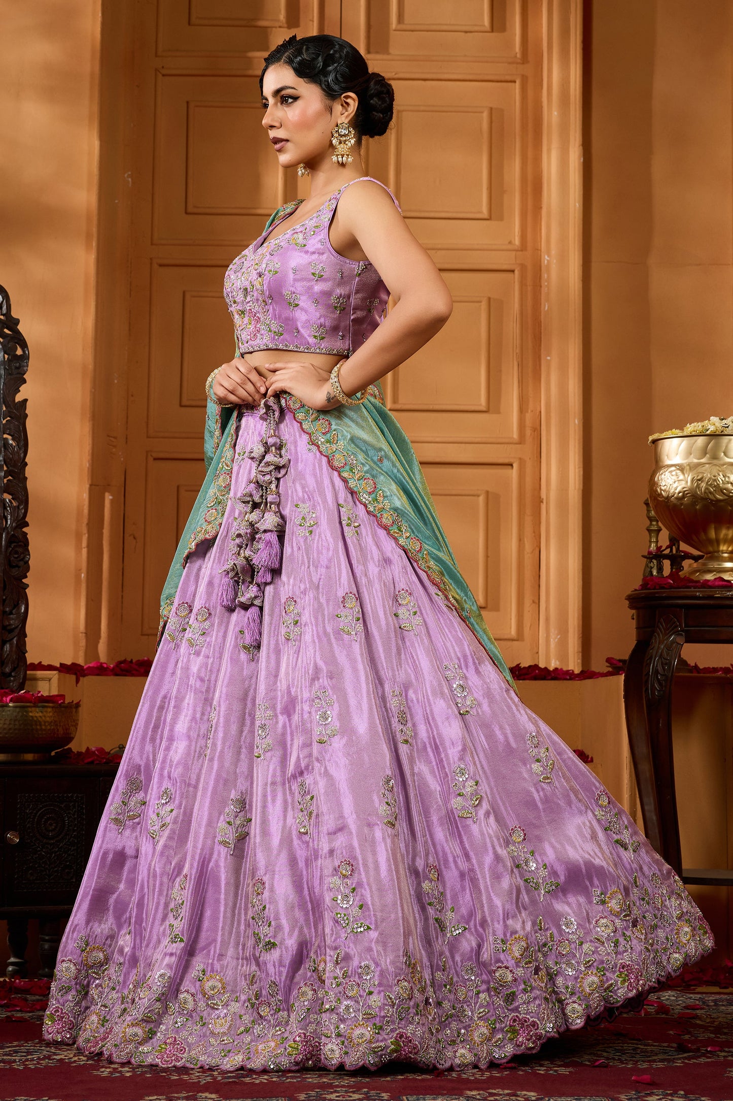 Lavender Semi-Stitched Embroidered Satin Silk Lehenga-SAR10698_4_SareeButa.com