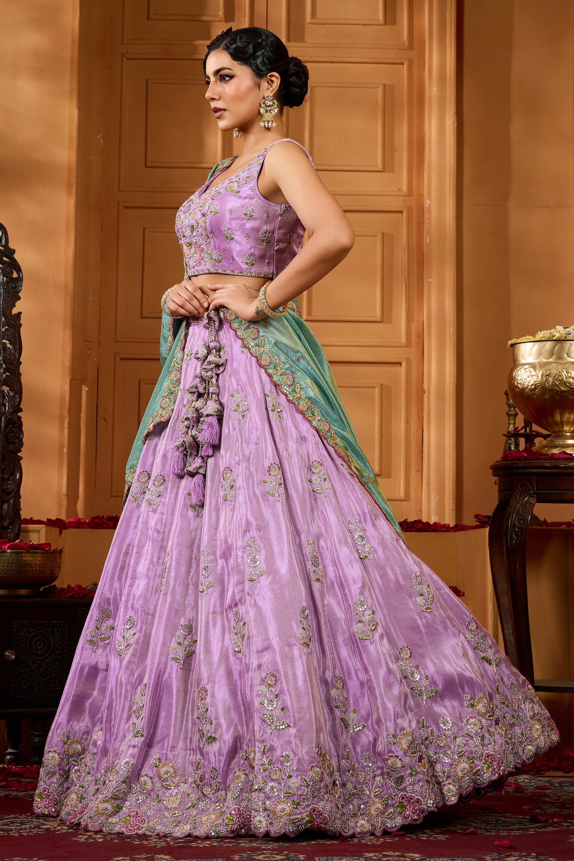Lavender Semi-Stitched Embroidered Satin Silk Lehenga-SAR10698_4_SareeButa.com