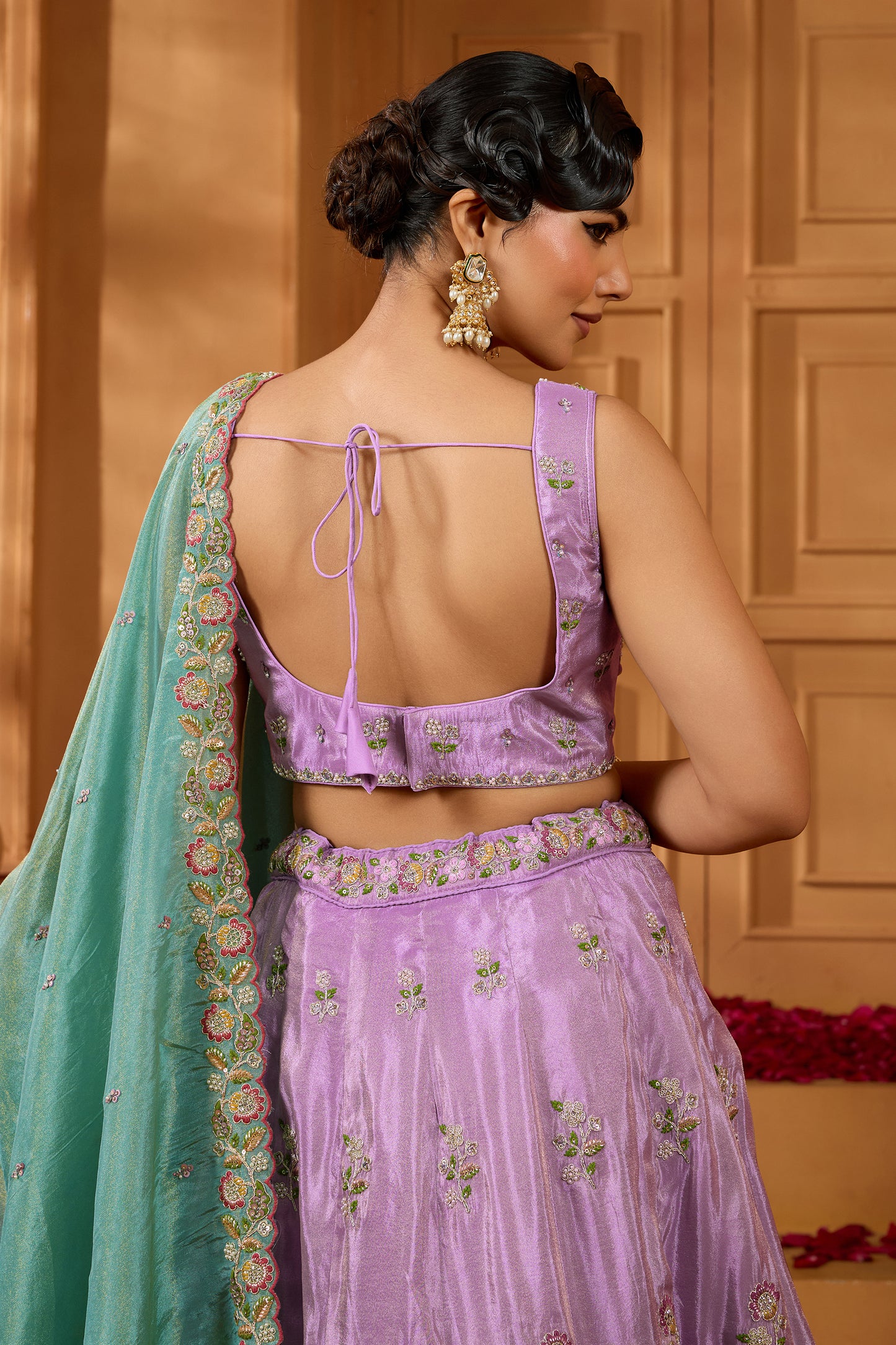 Lavender Semi-Stitched Embroidered Satin Silk Lehenga