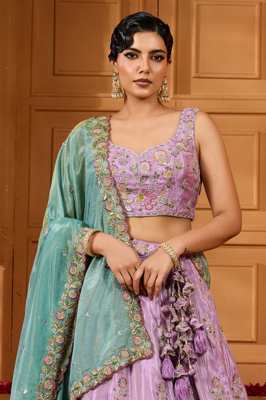 Lavender Semi-Stitched Embroidered Satin Silk Lehenga