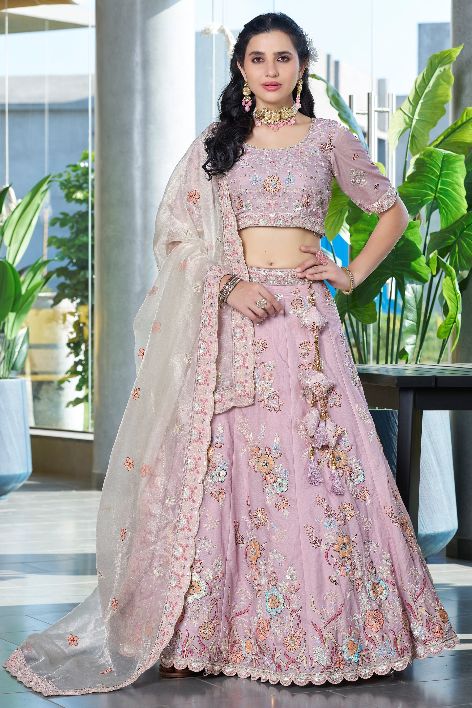 Lavender Semi-Stitched Embroidered Silk Lehenga-SAR10720_1_SareeButa.com