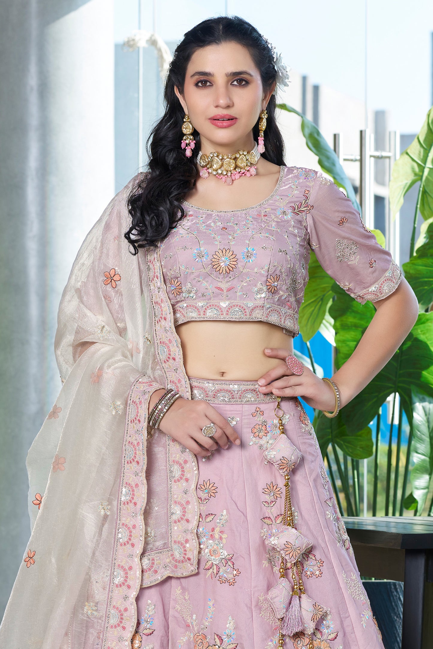 Lavender Semi-Stitched Embroidered Silk Lehenga