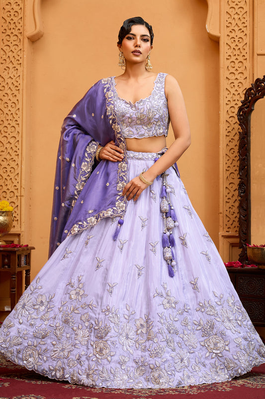 Lavender Semi-Stitched Embroidered Tissue Lehenga-SAR10683_1_SareeButa.com