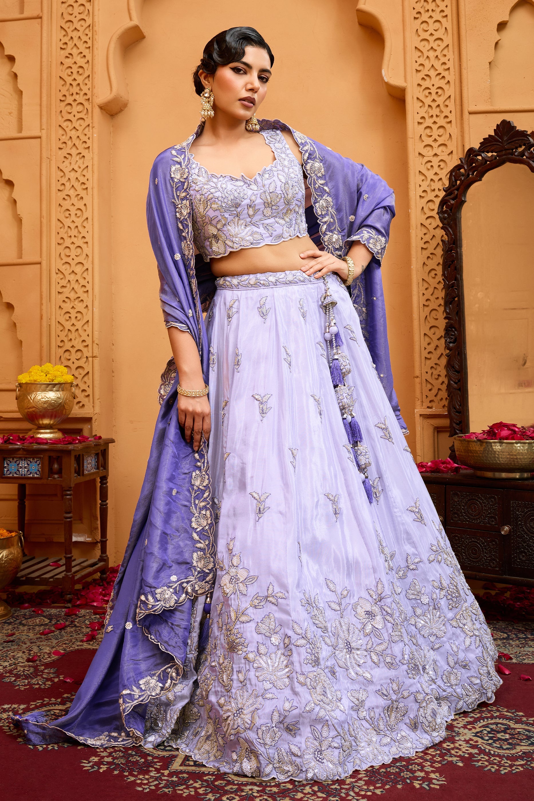 Lavender Semi-Stitched Embroidered Tissue Lehenga-SAR10683_3_SareeButa.com
