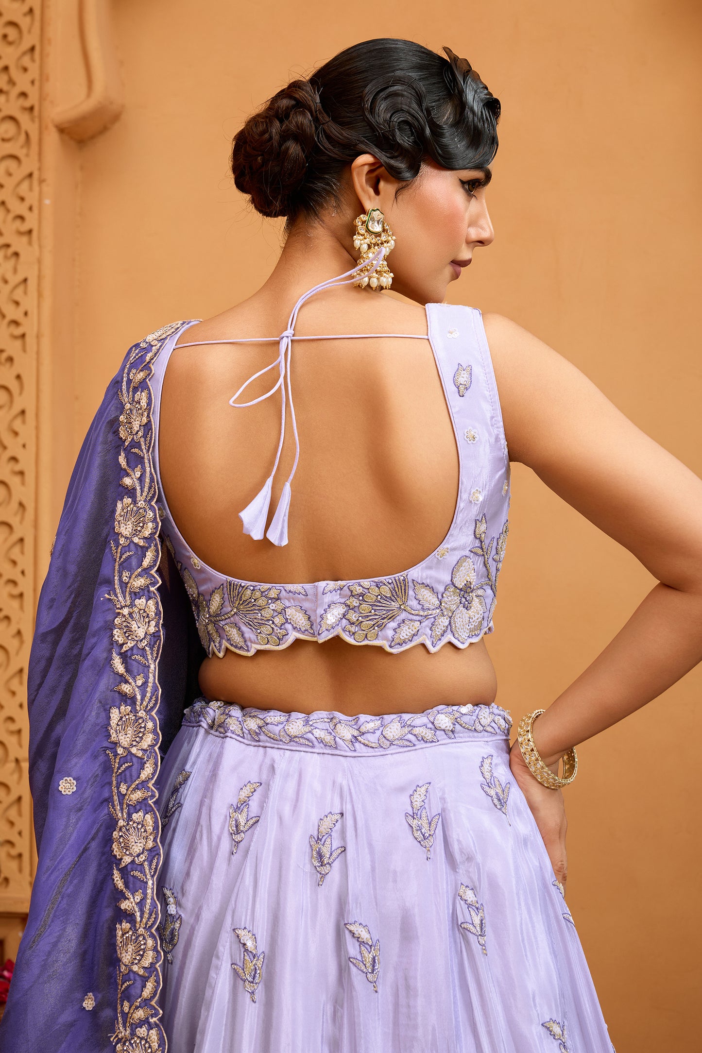 Lavender Semi-Stitched Embroidered Tissue Lehenga