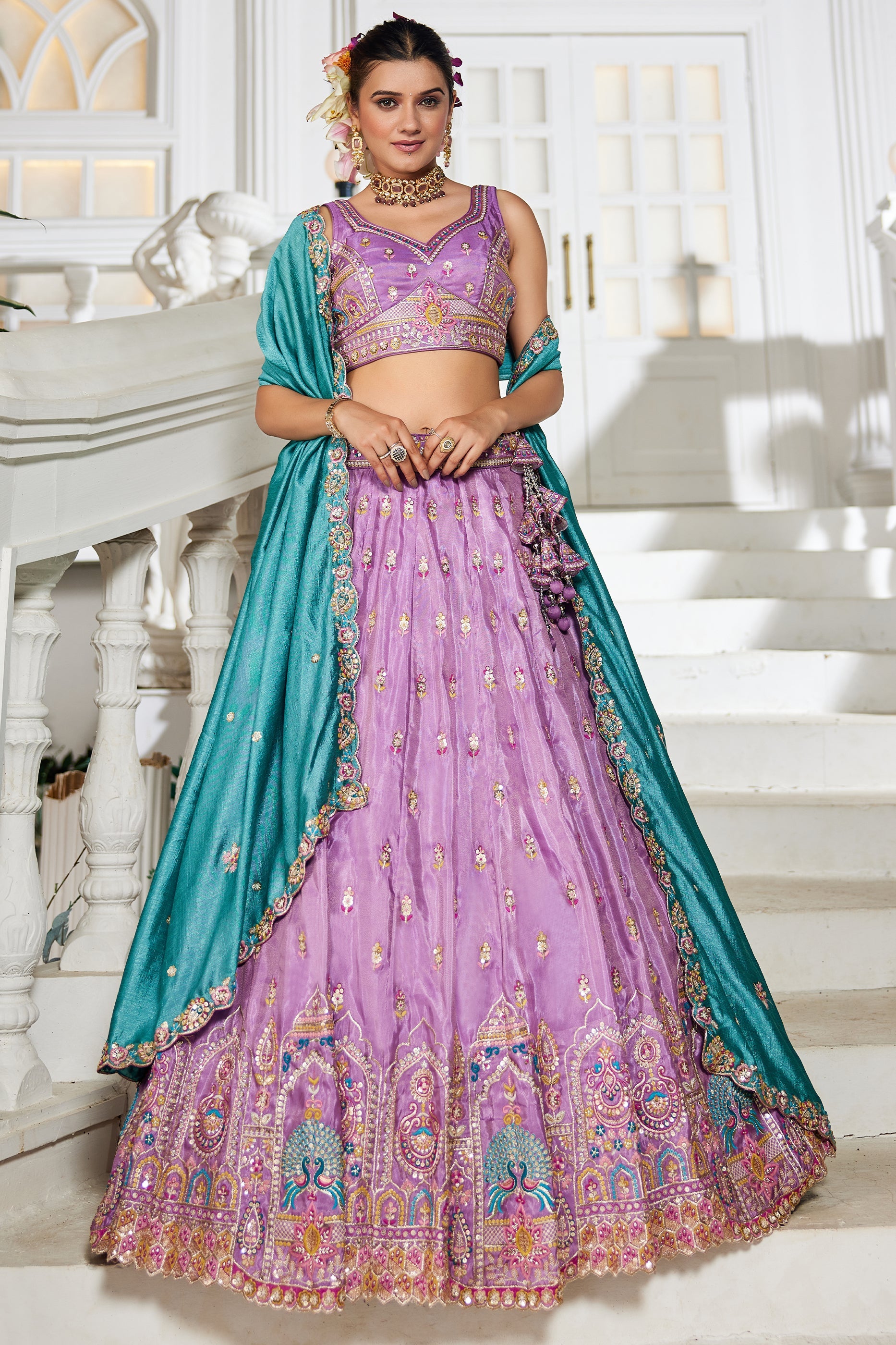 Lavender Readymade Embroidered Tissue Silk Lehenga-SAR10061_1_SareeButa.com