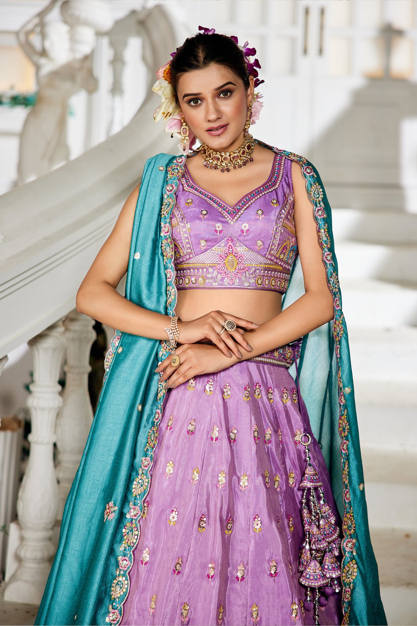 Lavender Readymade Embroidered Tissue Silk Lehenga-SAR10061_2_SareeButa.com