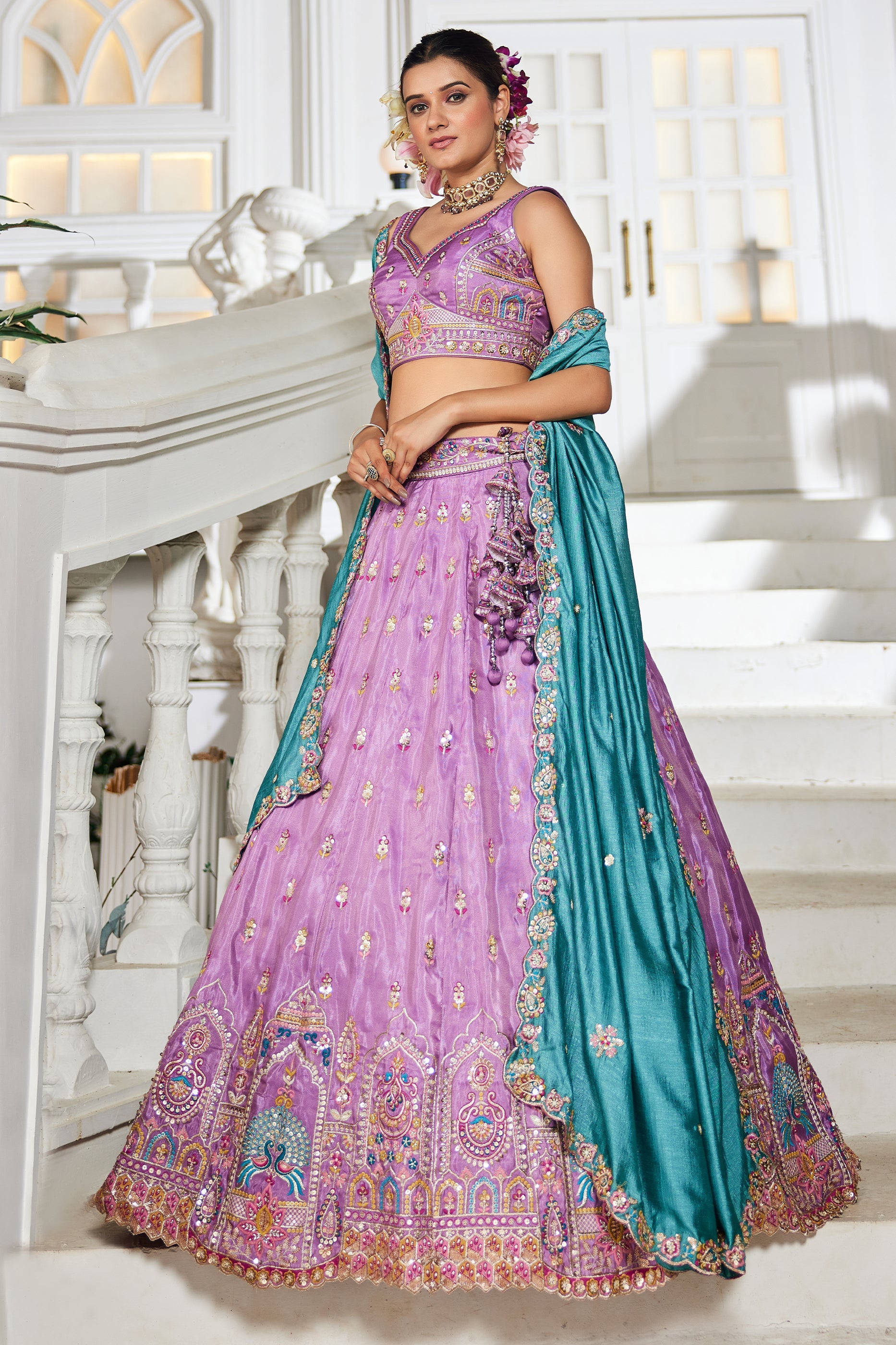 Lavender Readymade Embroidered Tissue Silk Lehenga-SAR10061_3_SareeButa.com