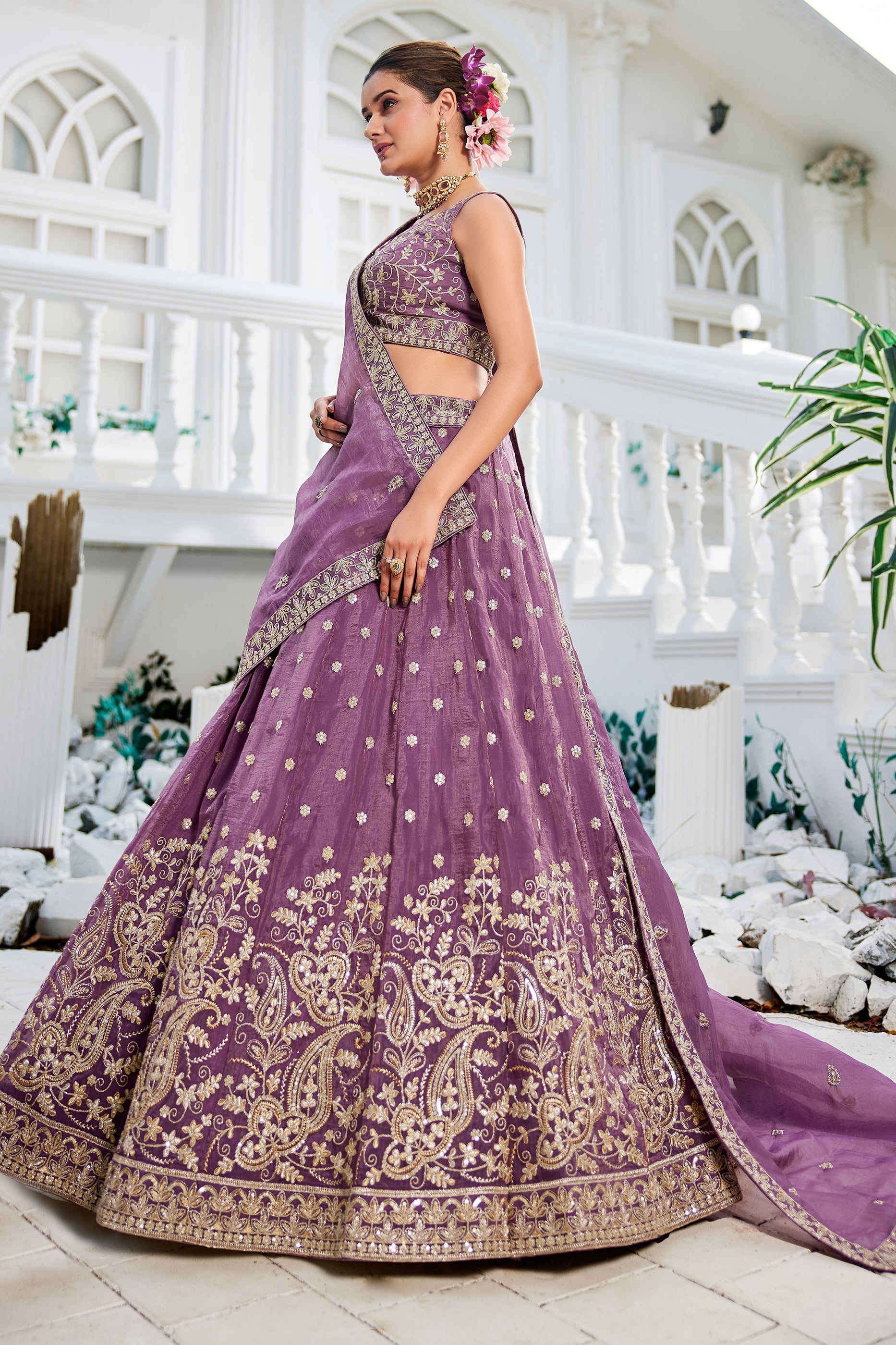 Lavender Readymade Embroidered Tissue Silk Lehenga-SAR10068_3_SareeButa.com