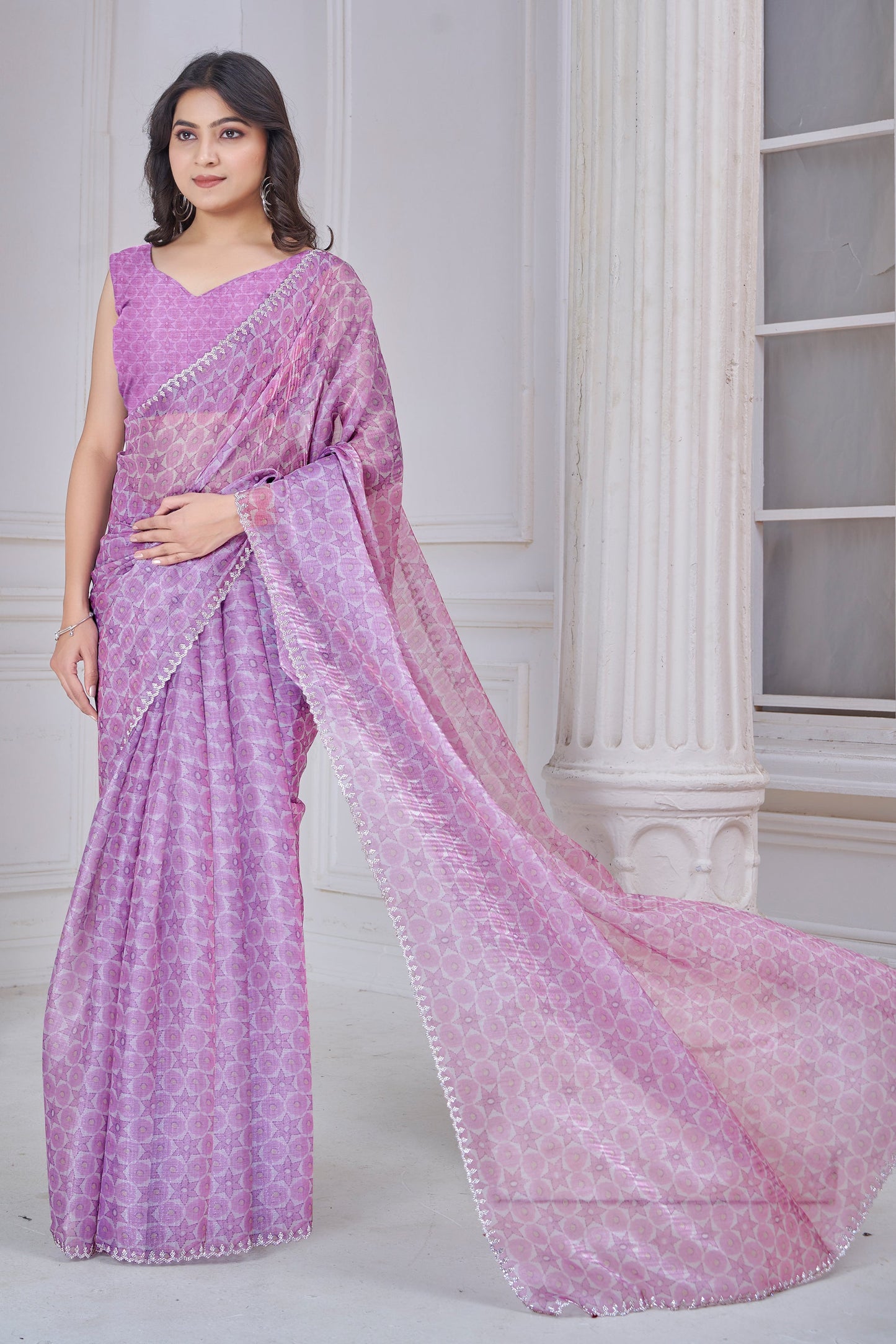 Lavender Stone Work Organza Saree-SAR10752_1_SareeButa.com