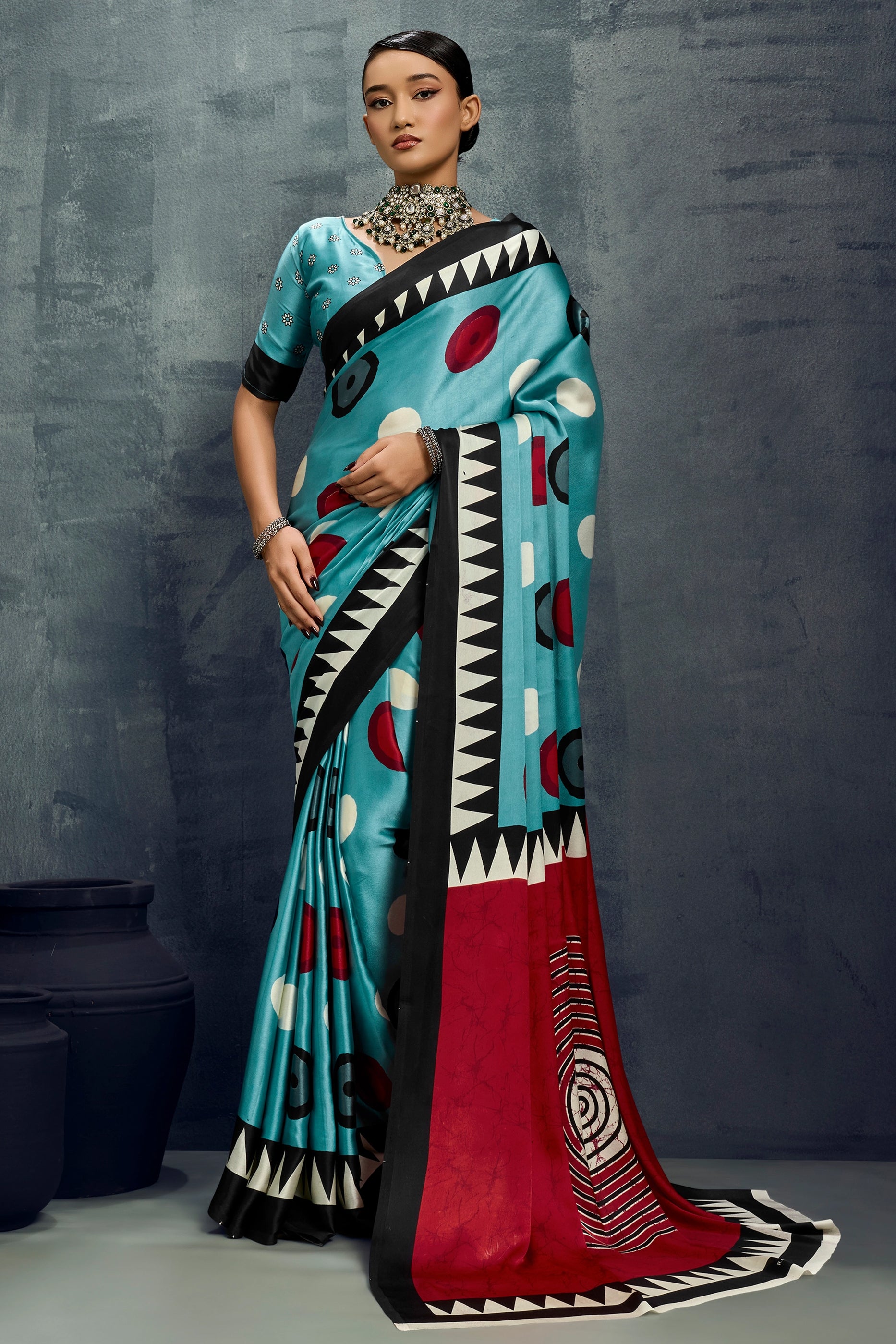 Light Blue Ajrakh Print Satin Saree-SAR11921_1_SareeButa.com