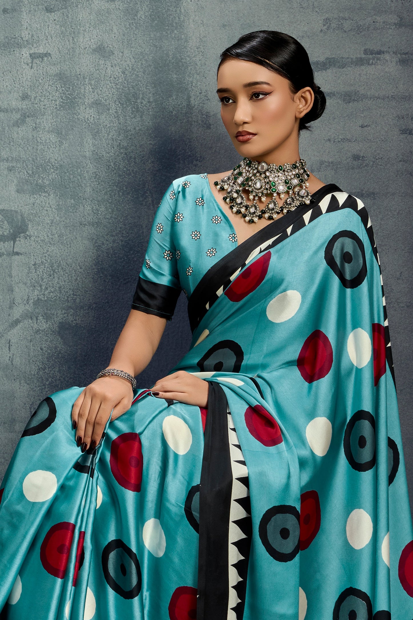Light Blue Ajrakh Print Satin Saree-SAR11921_2_SareeButa.com