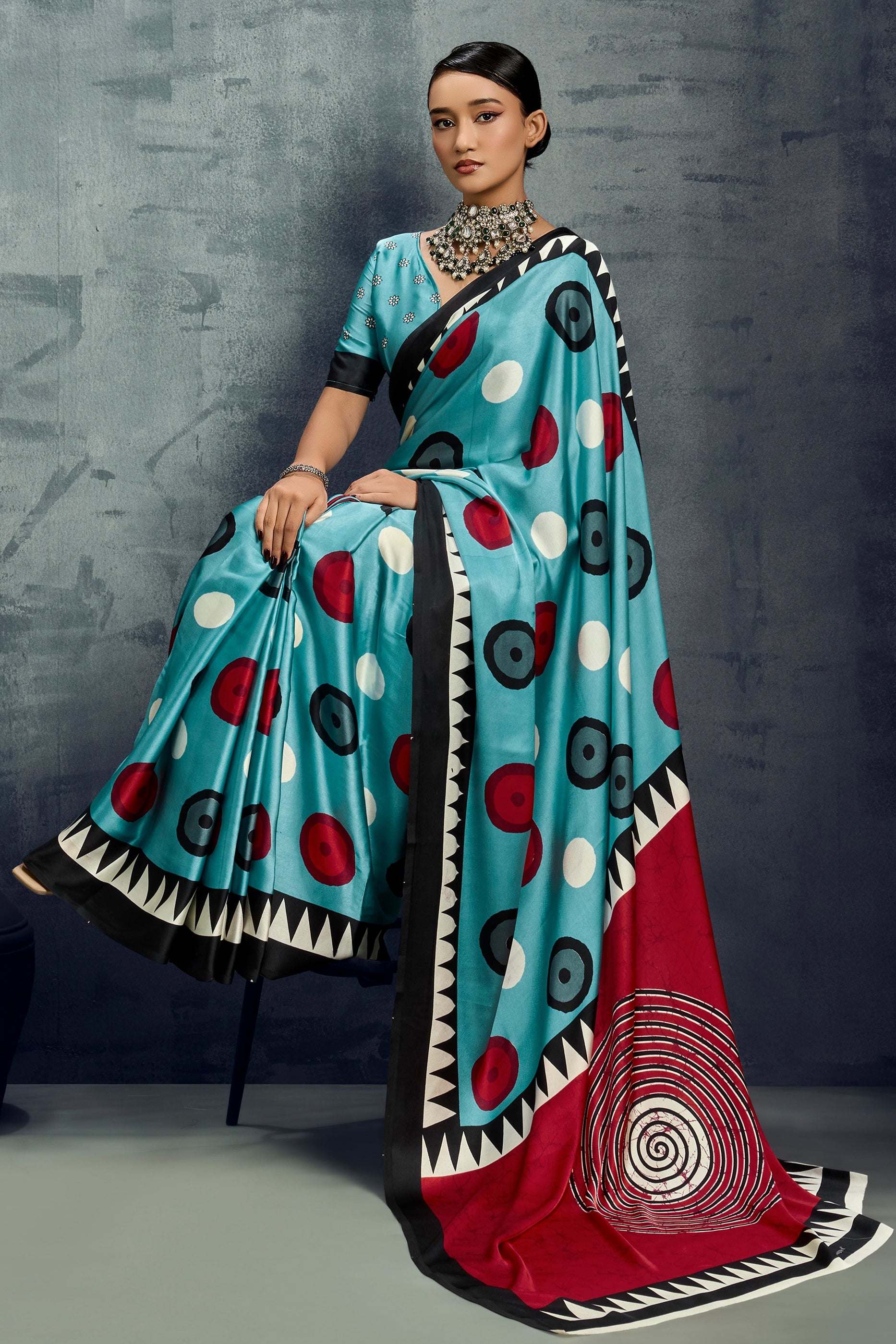 Light Blue Ajrakh Print Satin Saree-SAR11921_3_SareeButa.com