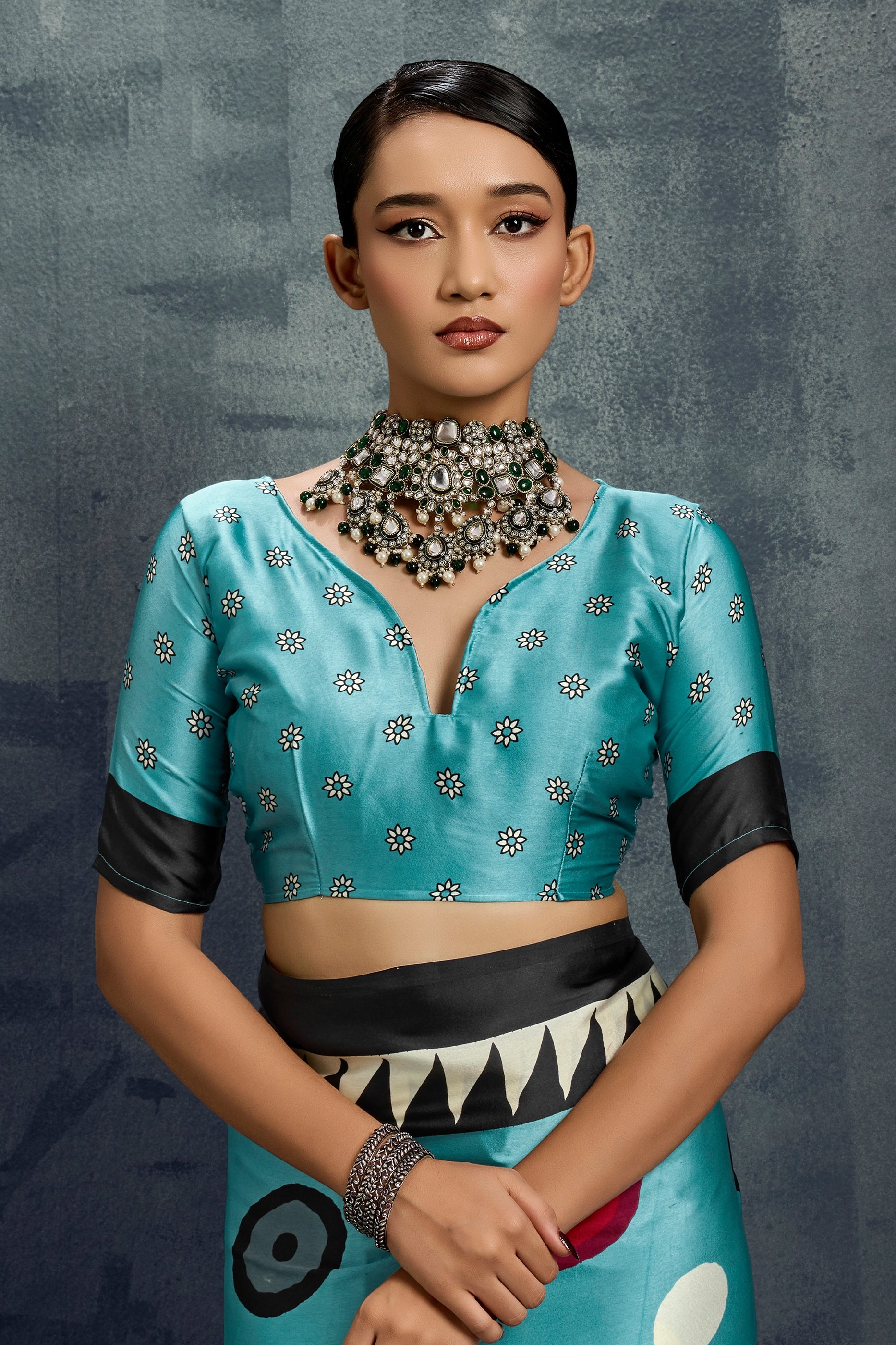 Light Blue Ajrakh Print Satin Saree-SAR11921_5_SareeButa.com