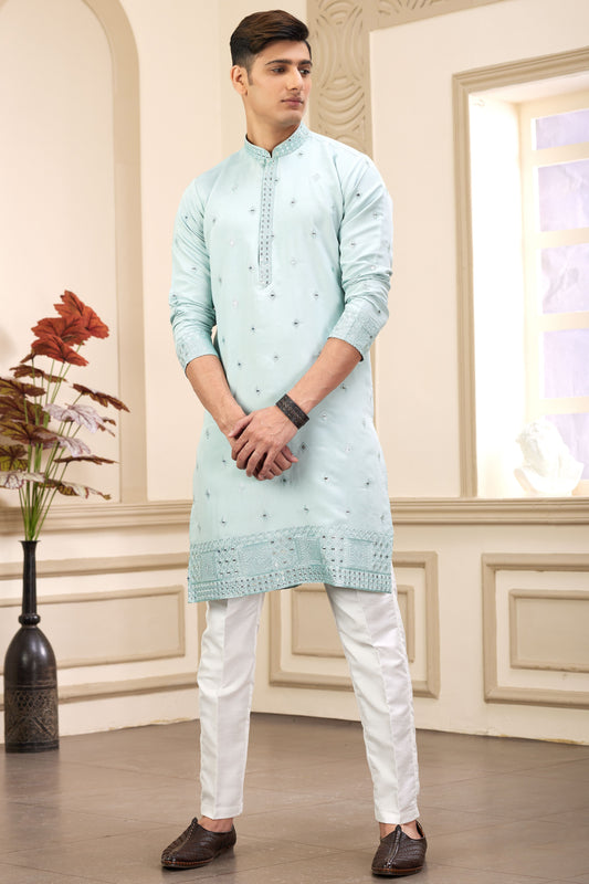 Light Blue Embroidered Silk Kurta Pajama-MW14_1_SareeButa.com