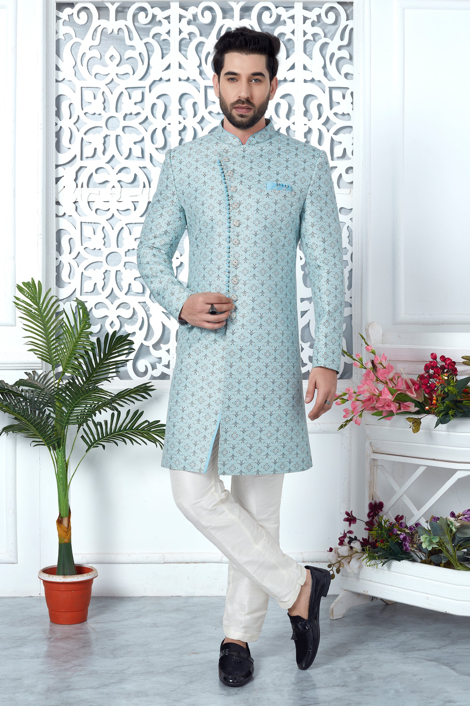 Light Blue Jacquard Silk Kurta Pajama-SAR11416_1_SareeButa.com