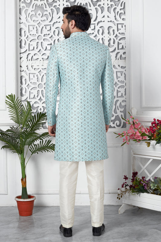 Light Blue Jacquard Silk Kurta Pajama-SAR11416_2_SareeButa.com