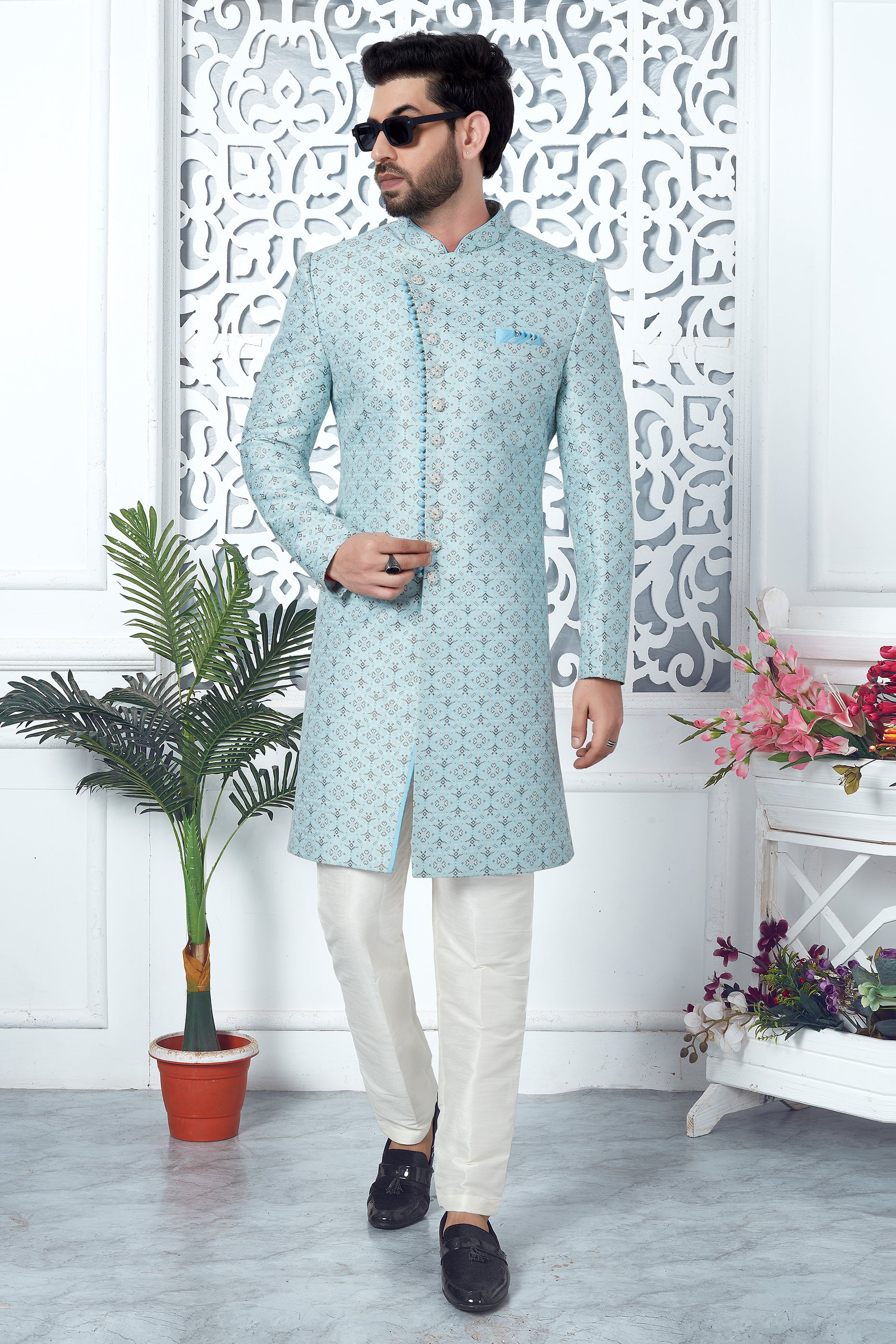 Light Blue Jacquard Silk Kurta Pajama-SAR11416_3_SareeButa.com