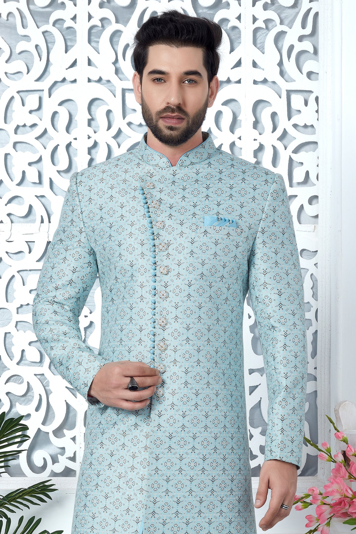 Light Blue Jacquard Silk Kurta Pajama-SAR11416_4_SareeButa.com
