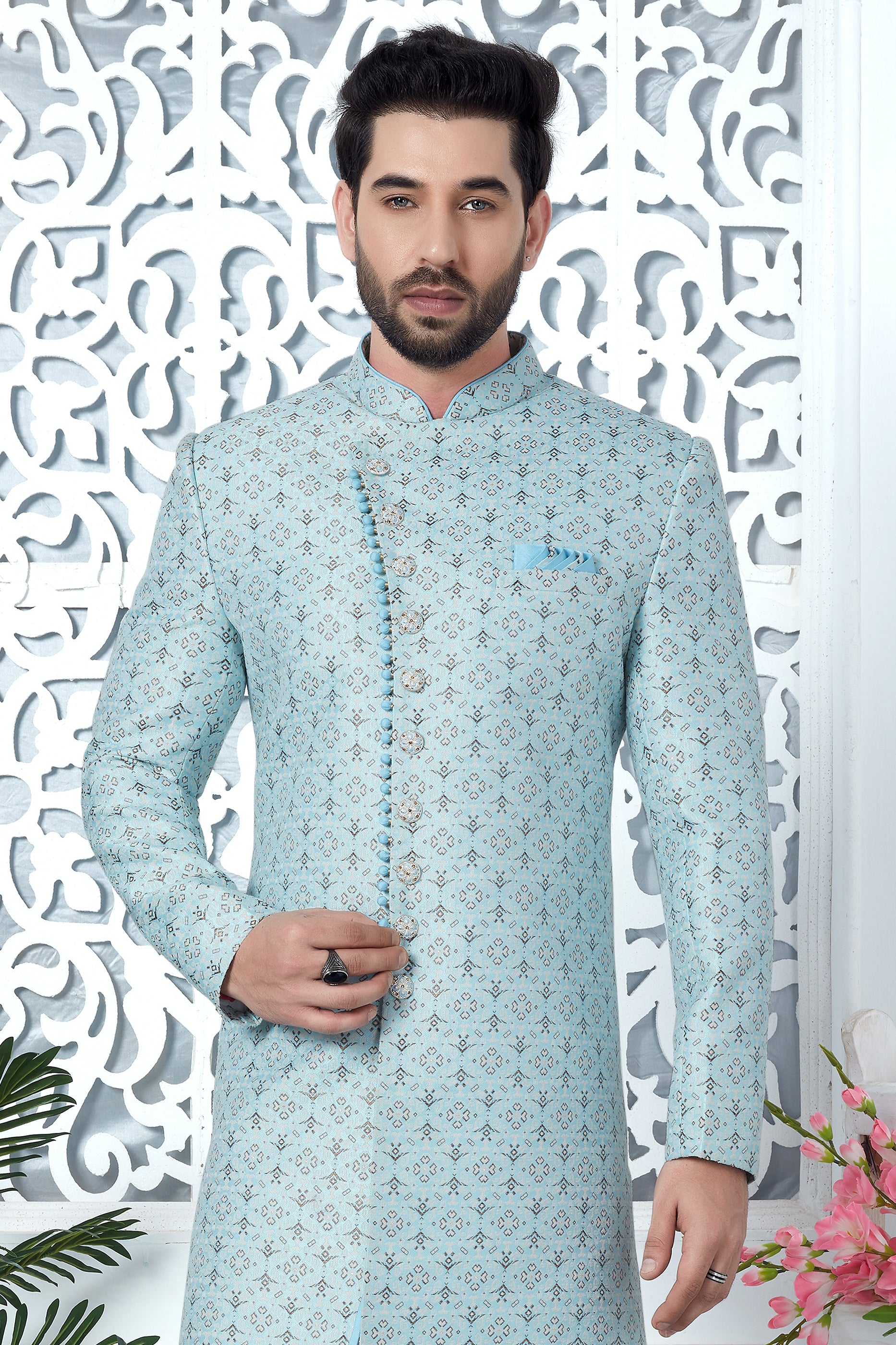 Light Blue Jacquard Silk Kurta Pajama-SAR11416_4_SareeButa.com