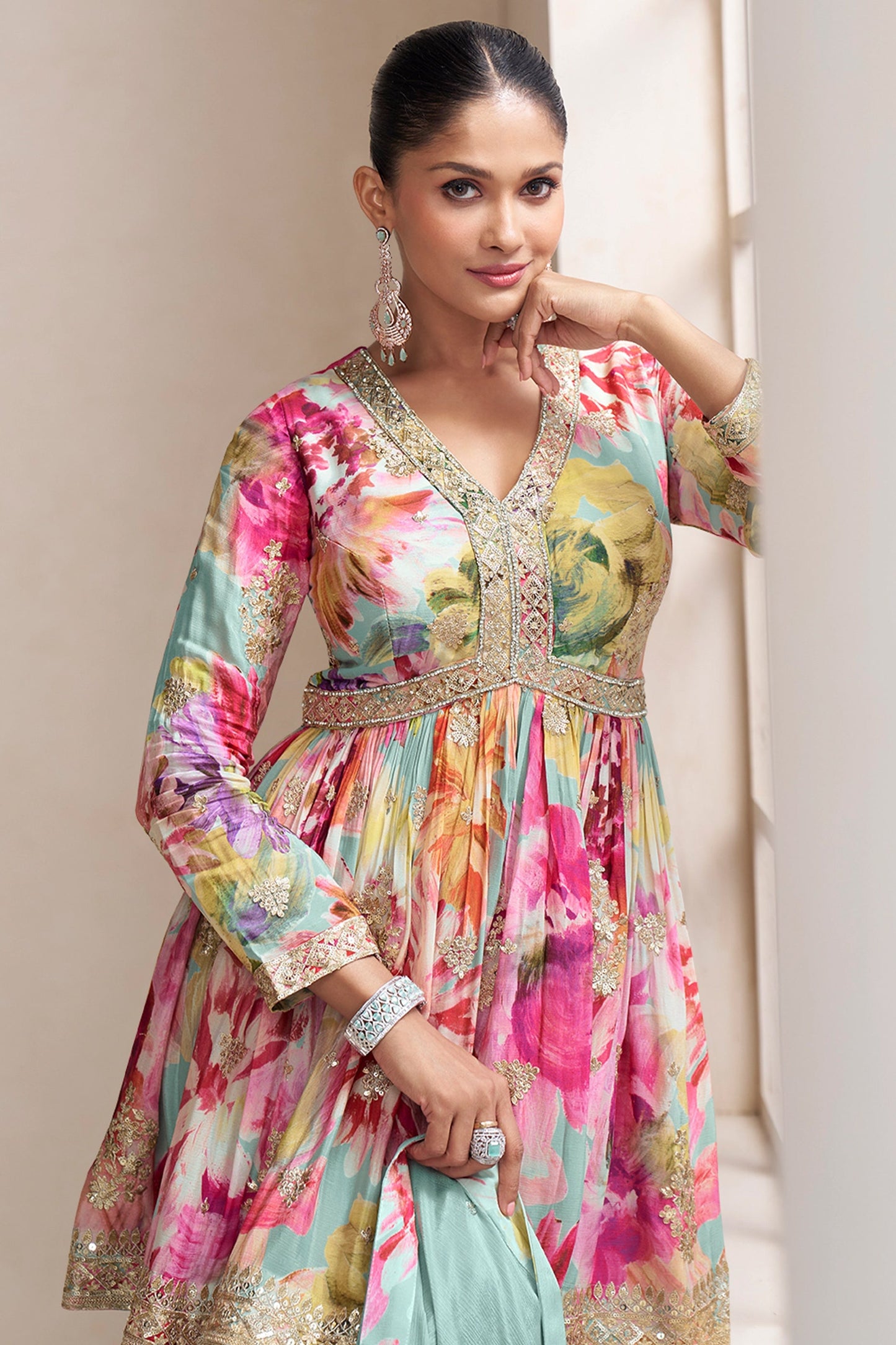 Light Blue Readymade Chinon A-line Suit-SAR10640_2_SareeButa.com