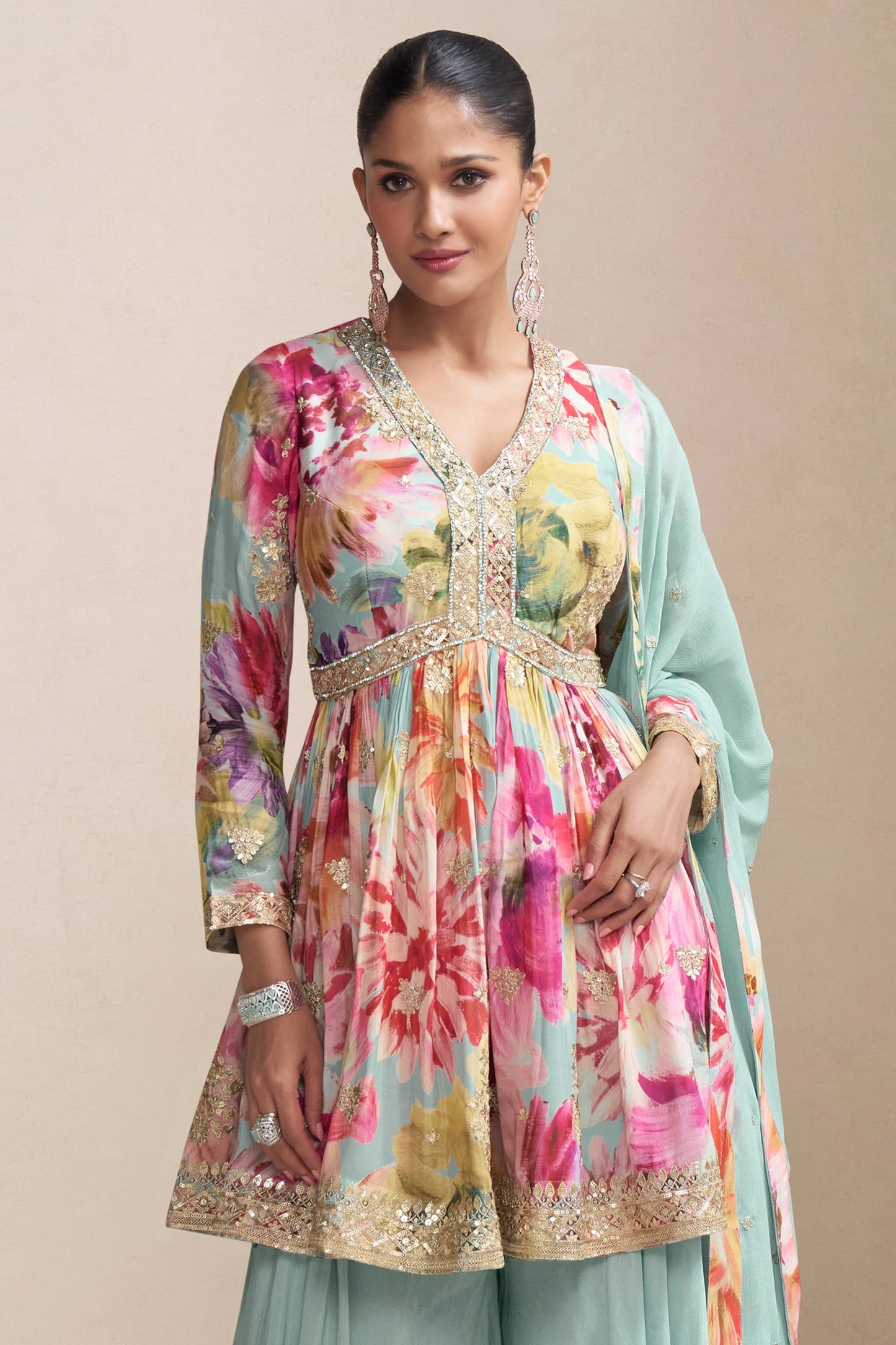 Light Blue Readymade Chinon A-line Suit-SAR10640_4_SareeButa.com