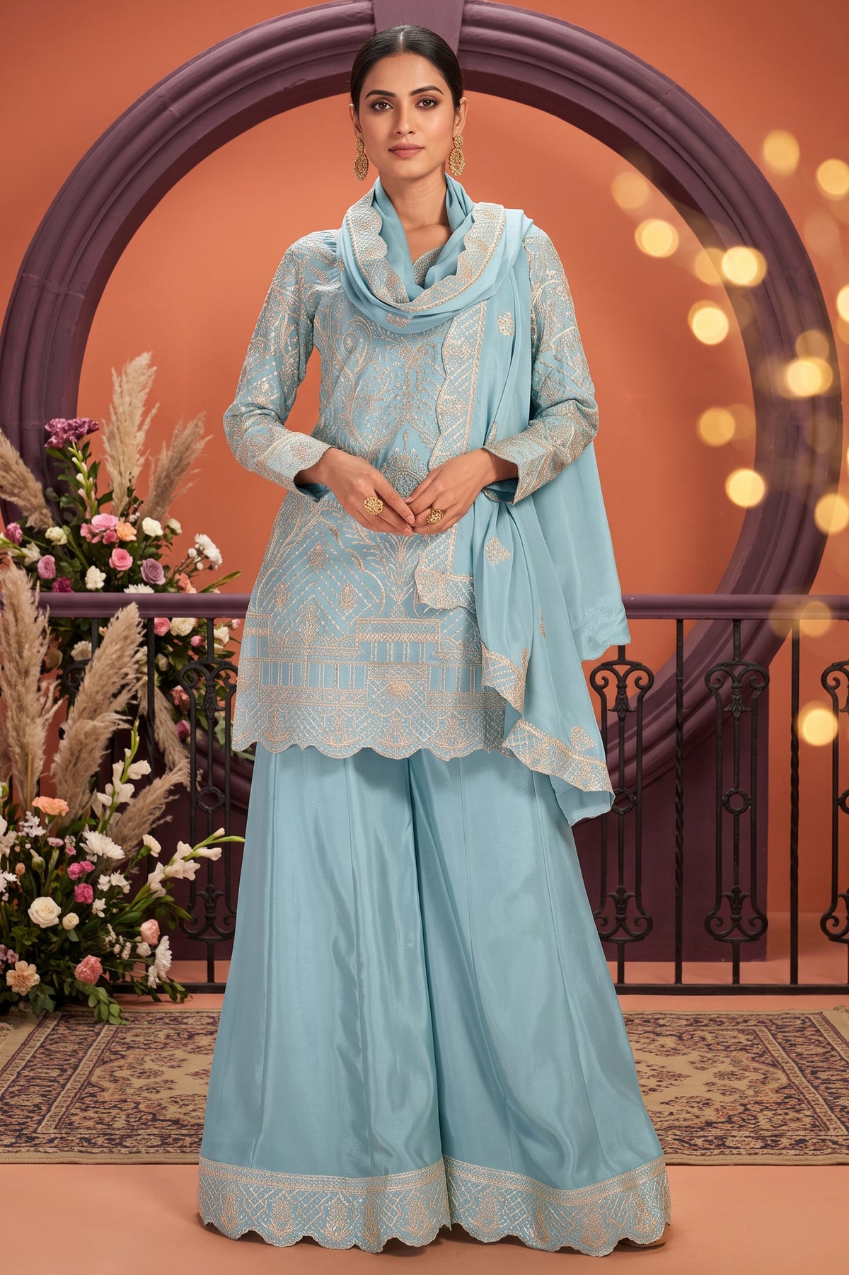 Light Blue Readymade Embroidered Chinon Palazzo Suit-SAR13358_1_SareeButa.com