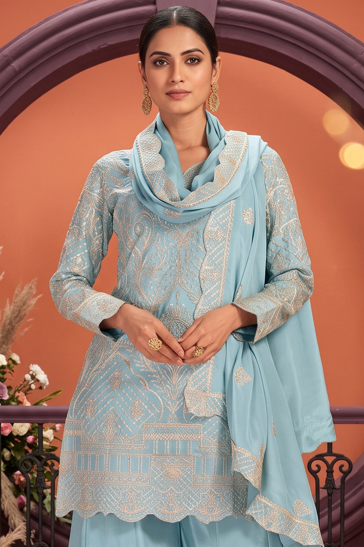 Light Blue Readymade Embroidered Chinon Palazzo Suit-SAR13358_2_SareeButa.com