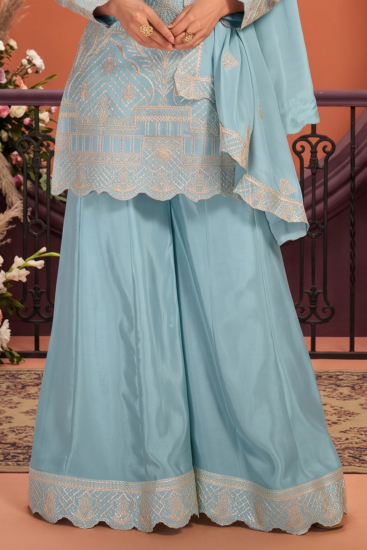 Light Blue Readymade Embroidered Chinon Palazzo Suit-SAR13358_6_SareeButa.com