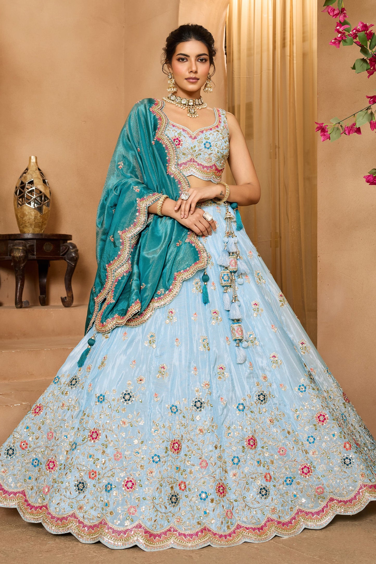 Light Blue Semi-Stitched Embroidered Tissue Lehenga-SAR10687_1_SareeButa.com