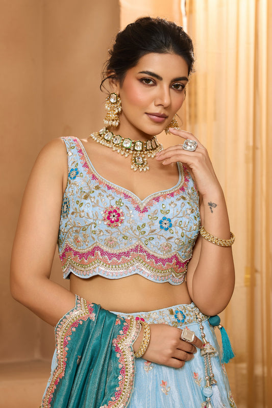 Light Blue Semi-Stitched Embroidered Tissue Lehenga-SAR10687_2_SareeButa.com