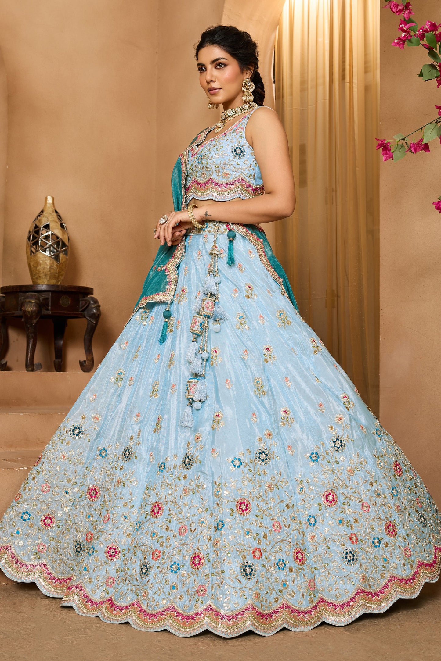 Light Blue Semi-Stitched Embroidered Tissue Lehenga-SAR10687_3_SareeButa.com