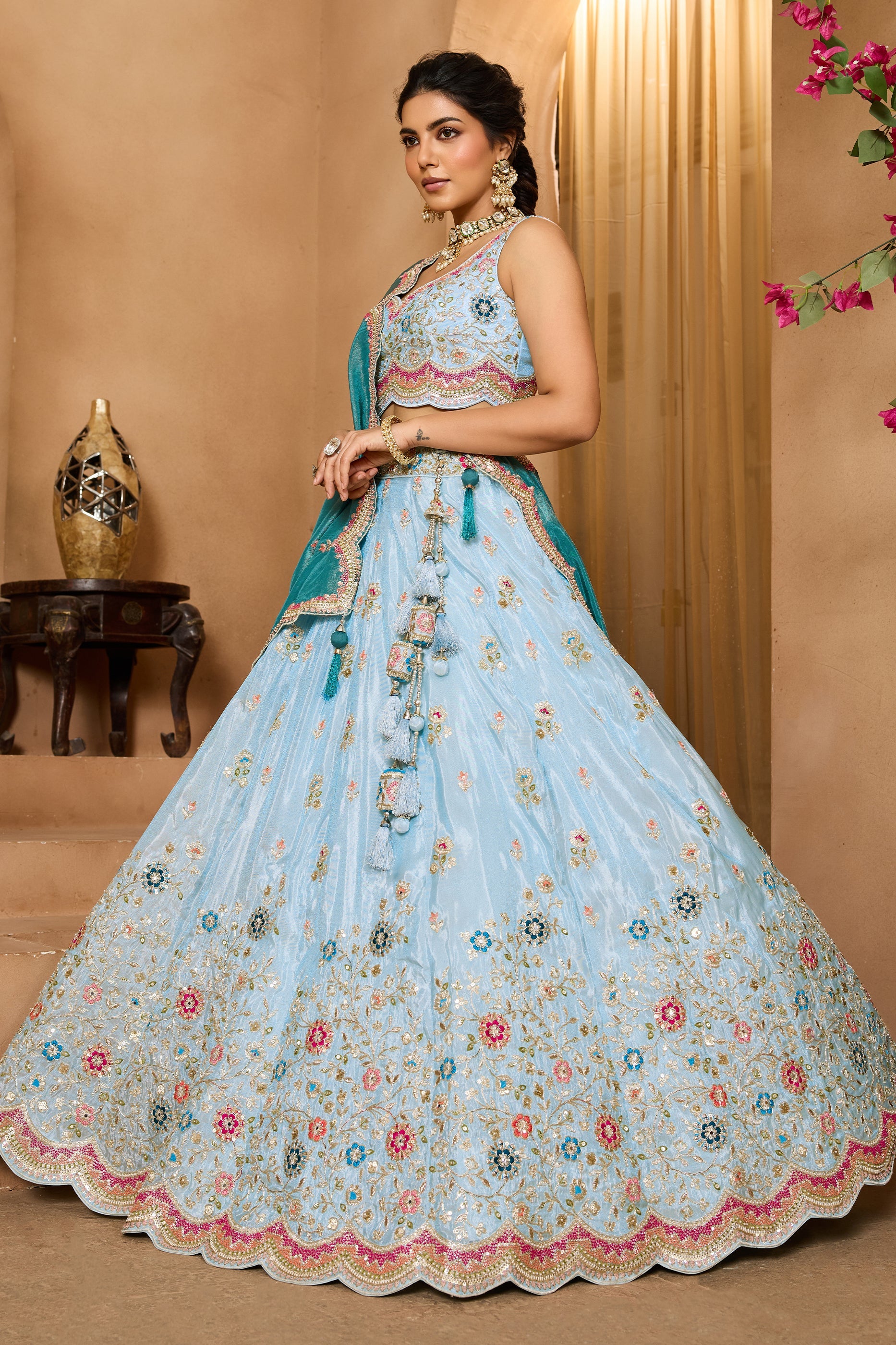 Light Blue Semi-Stitched Embroidered Tissue Lehenga-SAR10687_3_SareeButa.com