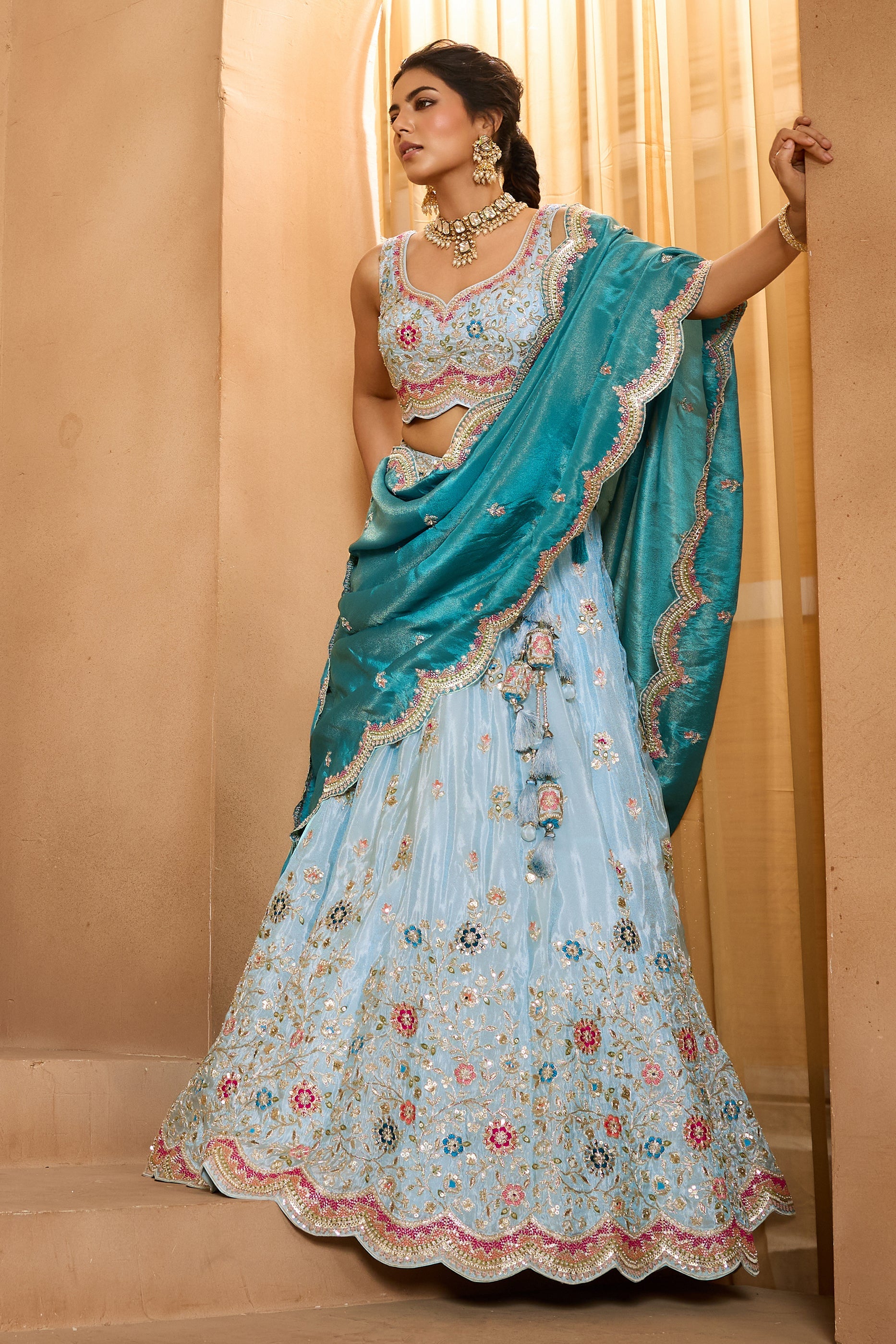 Light Blue Semi-Stitched Embroidered Tissue Lehenga-SAR10687_4_SareeButa.com