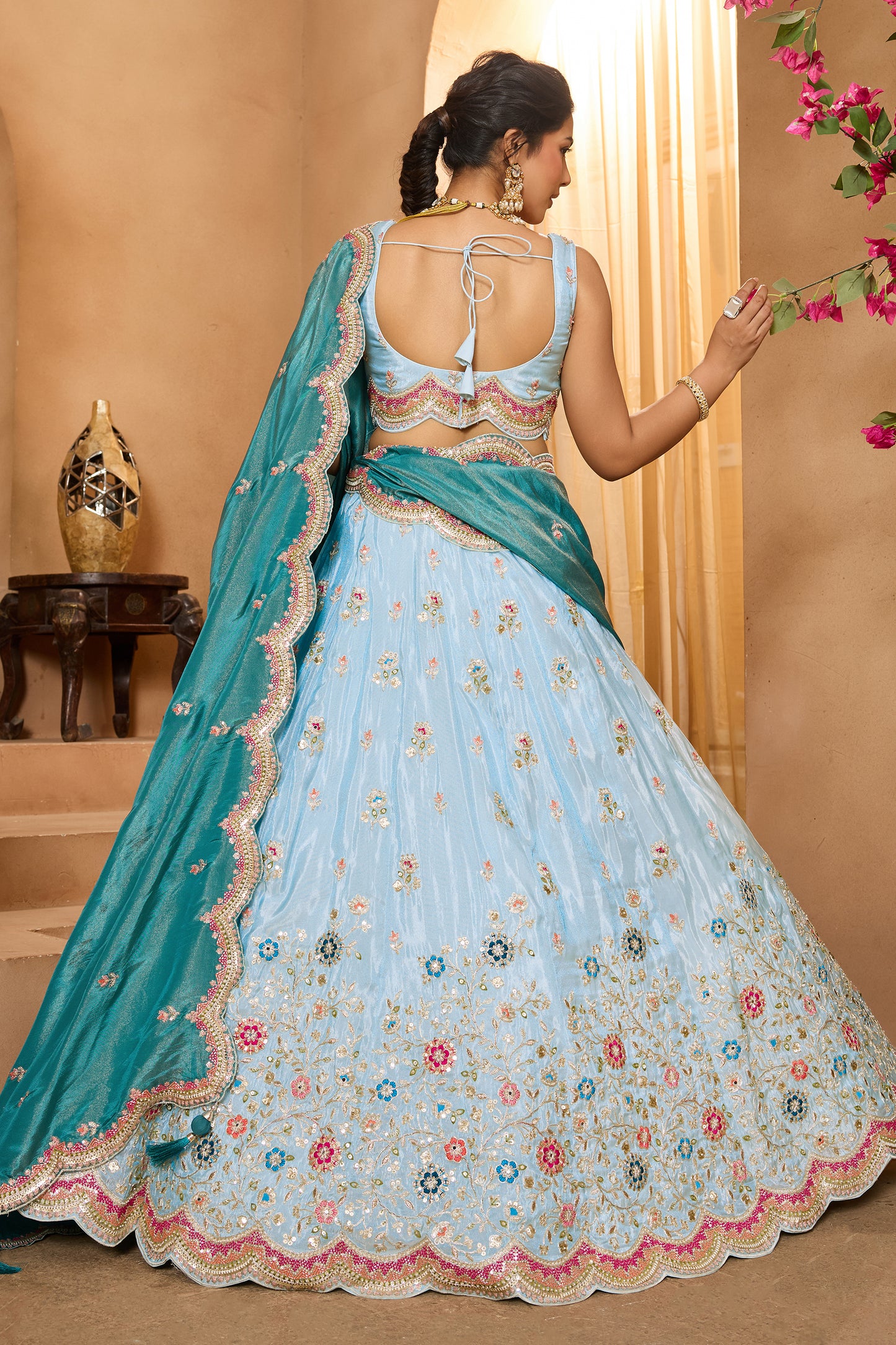 Light Blue Semi-Stitched Embroidered Tissue Lehenga